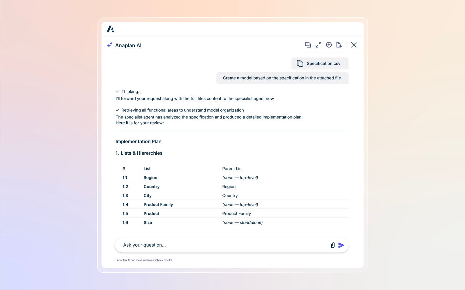 Anaplan AI interface showing an uploaded specification file and a generated implementation plan for model lists and hierarchies.