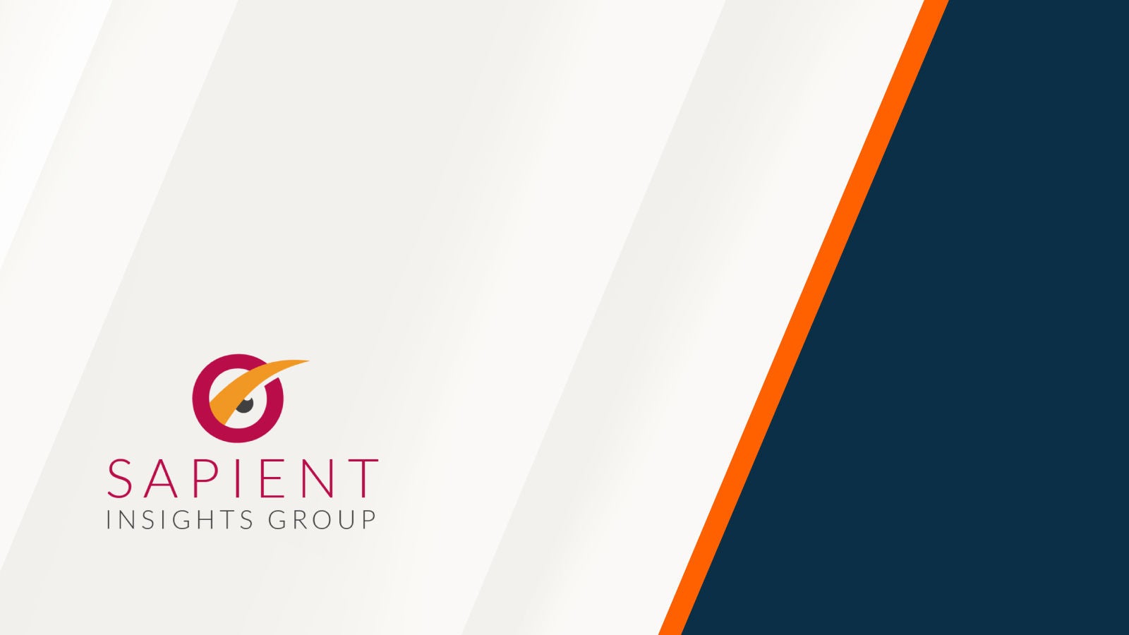 Sapient Insights Group logo displayed on a white background with angled white gradients on the left and a dark blue panel on the right, bordered by an orange diagonal stripe.