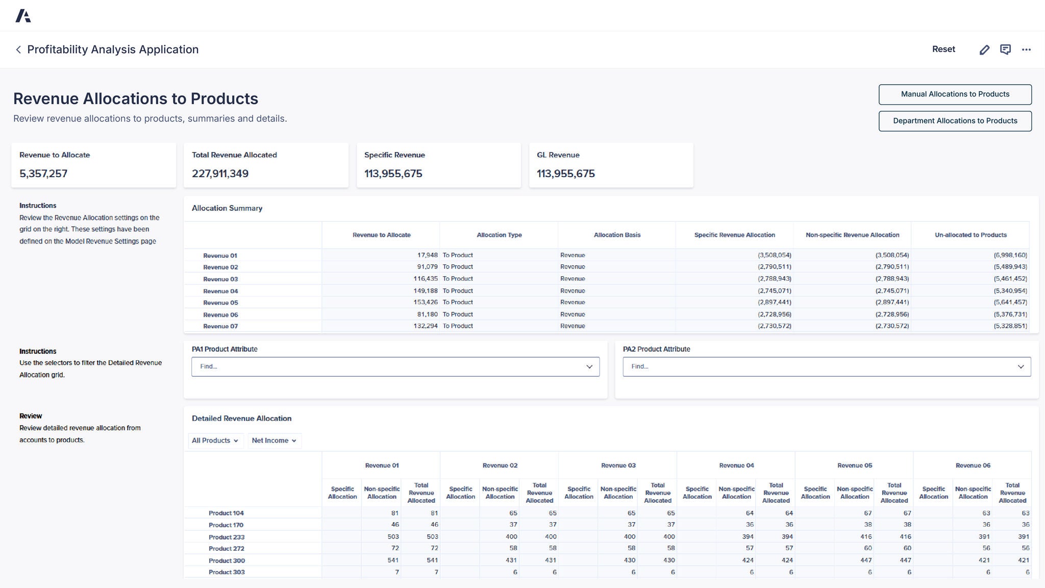 Profitability Analysis Application screen titled “Revenue Allocations to Products,” showing KPI tiles for Revenue to Allocate 5,357,257, Total Revenue Allocated 227,911,349, Specific Revenue 113,955,675, and GL Revenue 113,955,675, with an Allocation Summary table, product attribute filters, and a Detailed Revenue Allocation grid.