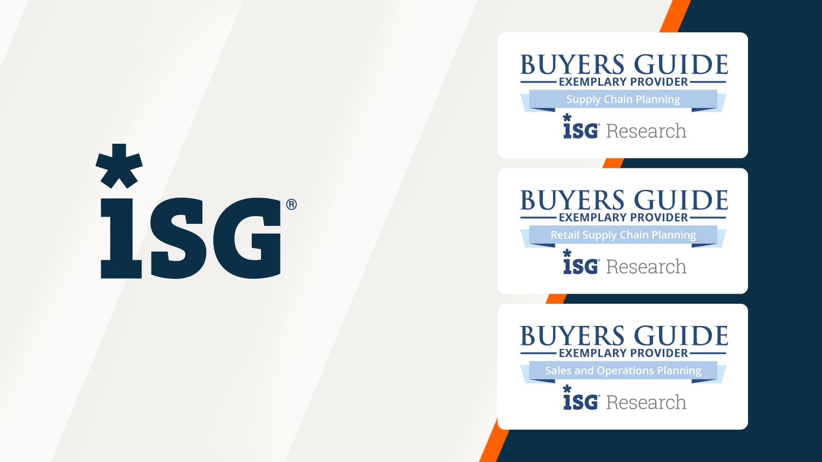 ISG logo beside three Buyers Guide Exemplary Provider badges for Supply Chain Planning, Retail Supply Chain Planning, and Sales and Operations Planning.