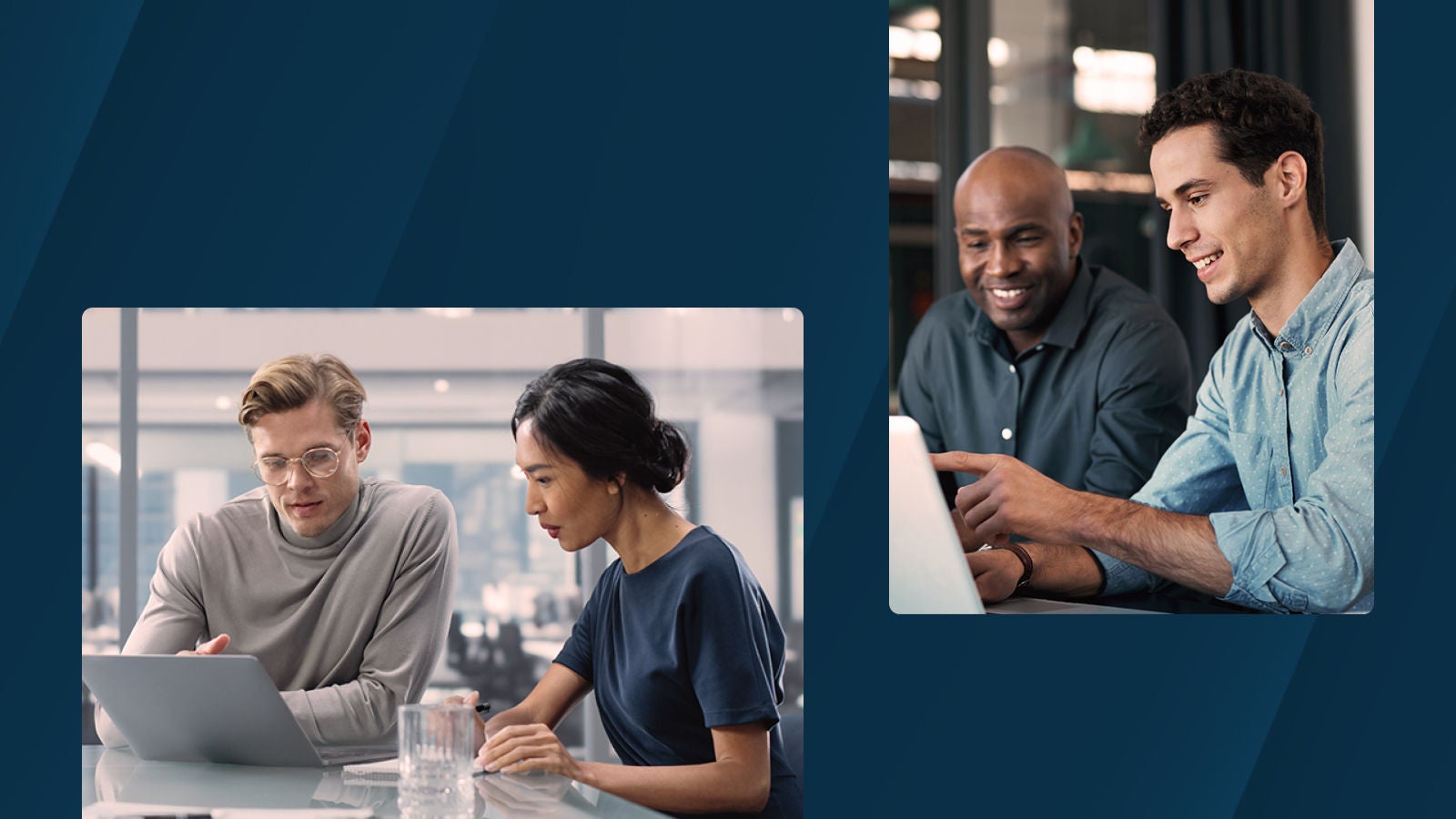 Two professionals collaborating over a laptop at a glass table in a modern office environment, alongside another scene of two colleagues reviewing and discussing content displayed on a laptop.