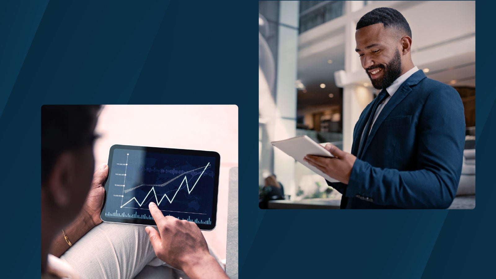 Image of a man smiling looking at a tablet and another image looking down at that tablet showing a graph