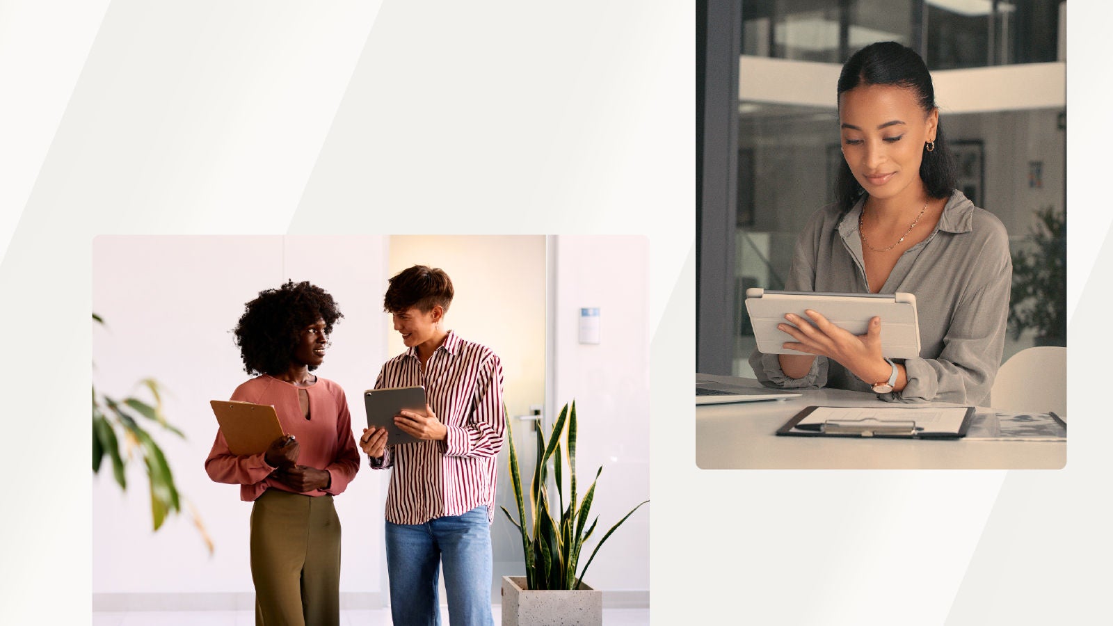 Woman using a tablet at her desk, and two colleagues standing in an office discussing while holding a tablet and clipboard.