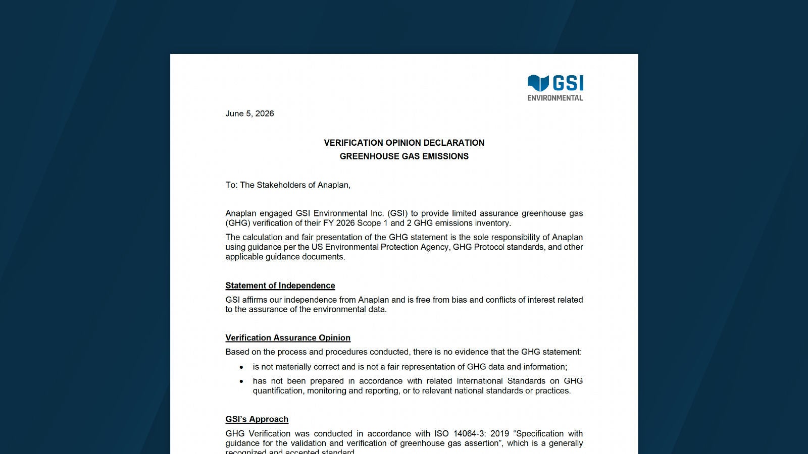 GSI Environmental verification opinion declaration for Anaplan’s FY 2026 Scope 1 and 2 greenhouse gas emissions inventory, dated June 5, 2026, displayed on a dark blue background.