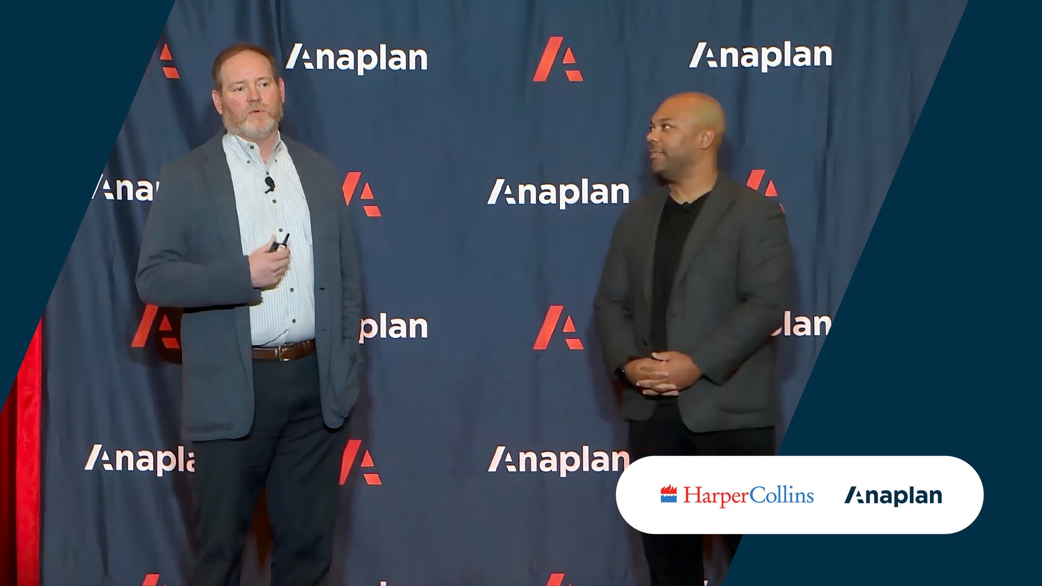 Two presenters standing in front of an Anaplan-branded backdrop during a session, with HarperCollins and Anaplan logos displayed in the corner.
