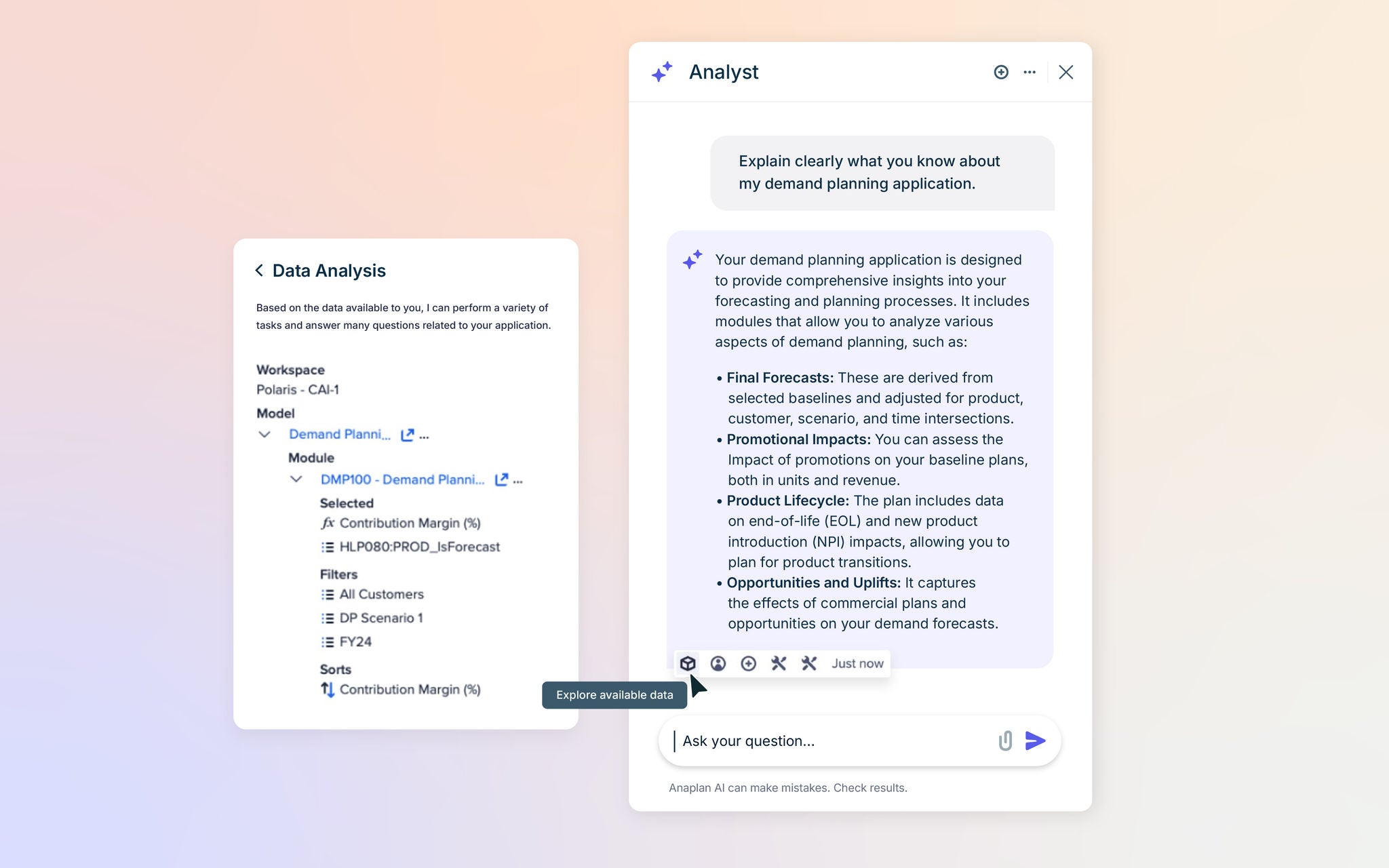 Anaplan Analyst interface showing data analysis details for a demand planning application, including workspace, model, modules, filters, and a generated explanation outlining forecasting, promotional impacts, product lifecycle, and opportunities within demand planning.
