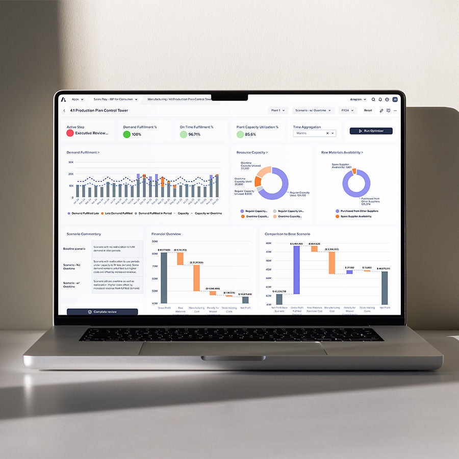 Open laptop showing Anaplan product dashboard with charts and graphs, placed on a white desk with sunlight casting shadows.