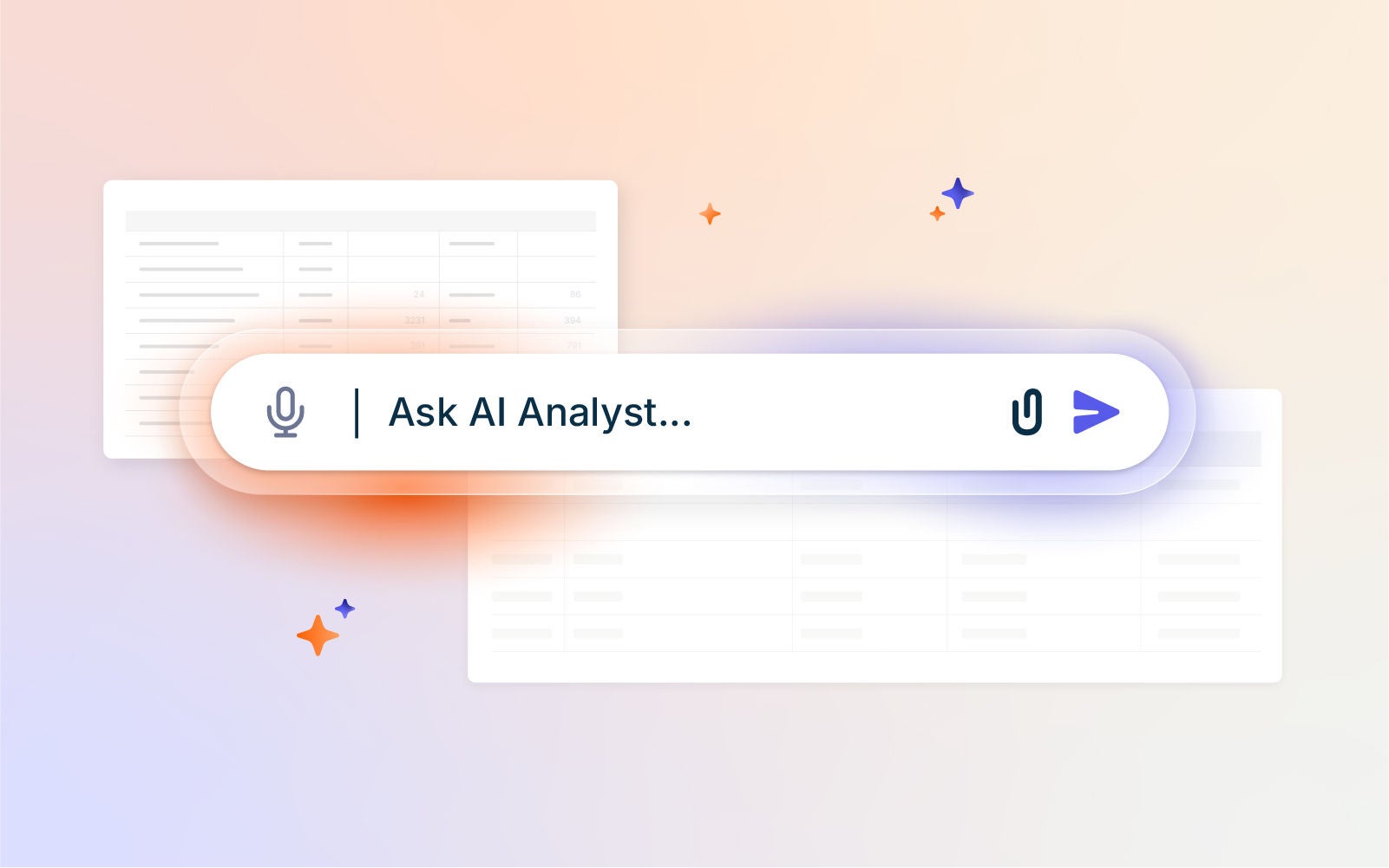 AI Analyst prompt bar with microphone, attachment, and send controls displayed over data tables.