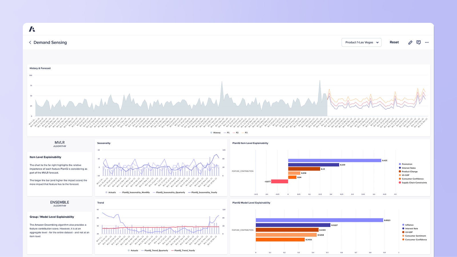 Demand Sensing dashboard Tracks real-time demand signals (e.g., POS data), highlights anomalies and forecast accuracy, and shows short-term adjustments to baseline forecasts.