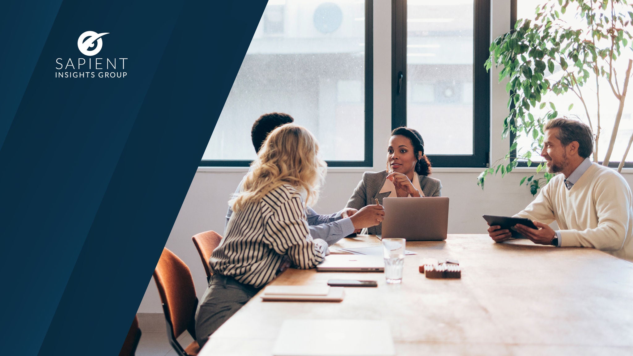 Sapient Insights Group logo displayed over an image of four professionals having a business discussion around a large wooden table with laptops and tablets in a bright office space.