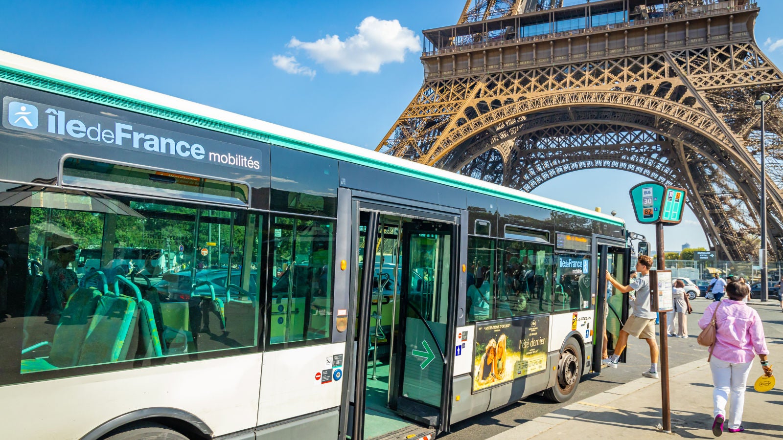 ile-de-France public bus stopped near the Eiffel Tower in Paris.