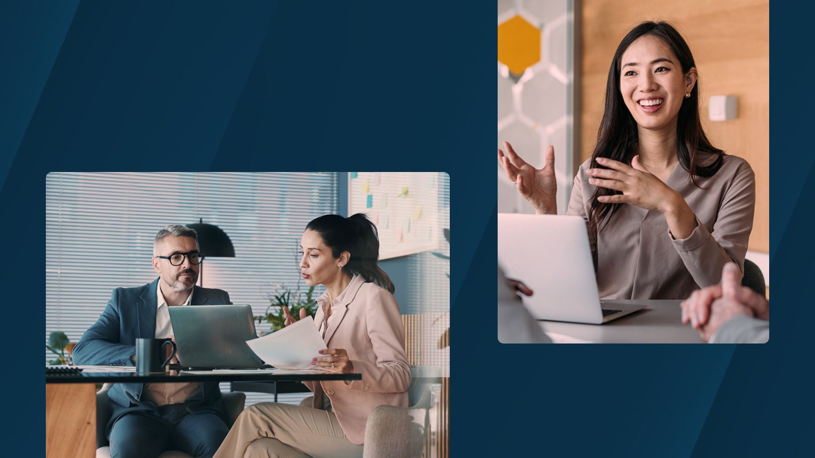 A businesswoman speaking and gesturing during a meeting beside an image of two professionals reviewing documents and a laptop in an office.
