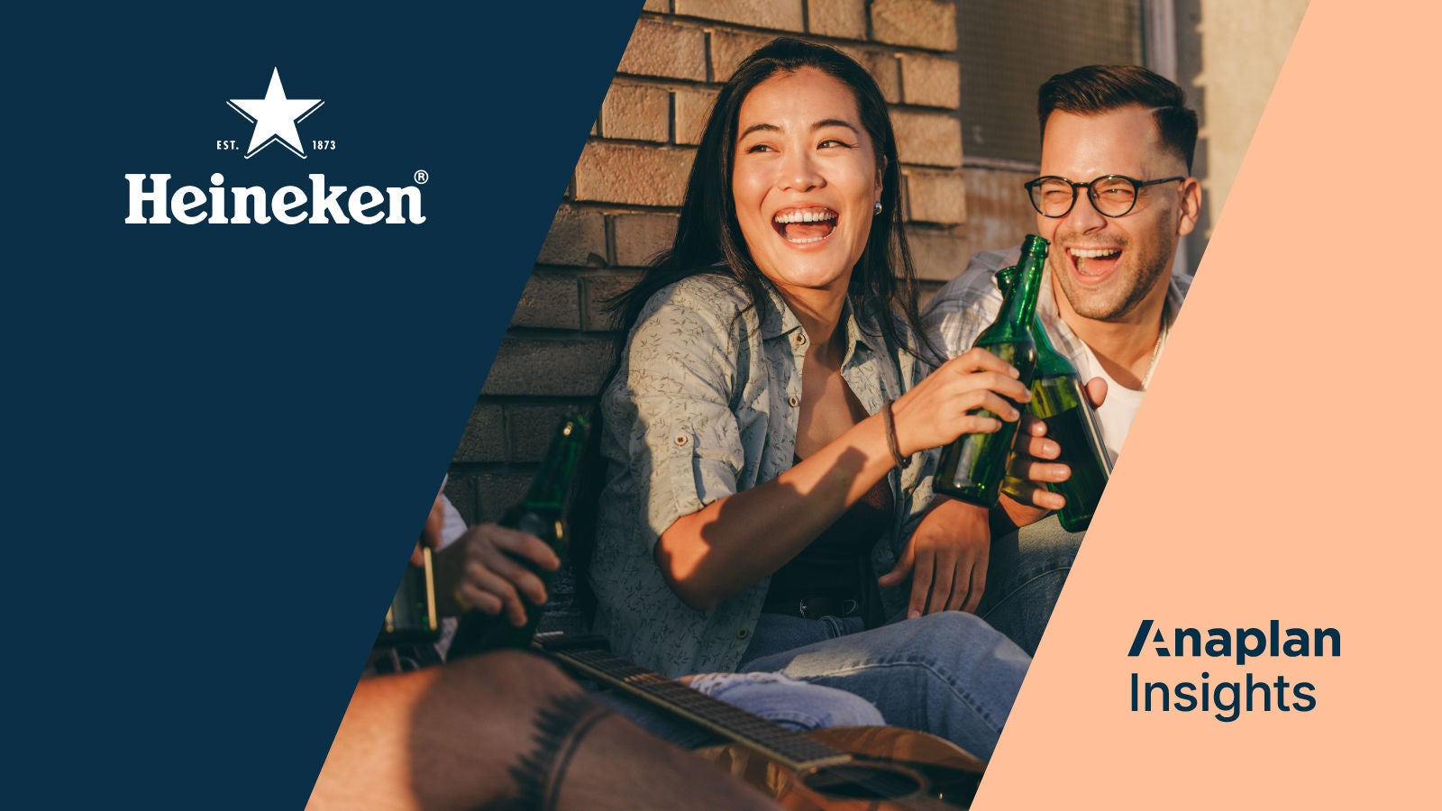 Heineken and Anaplan Insights logos displayed on a split blue and peach background with people laughing and holding beer bottles, symbolizing connection and collaboration.