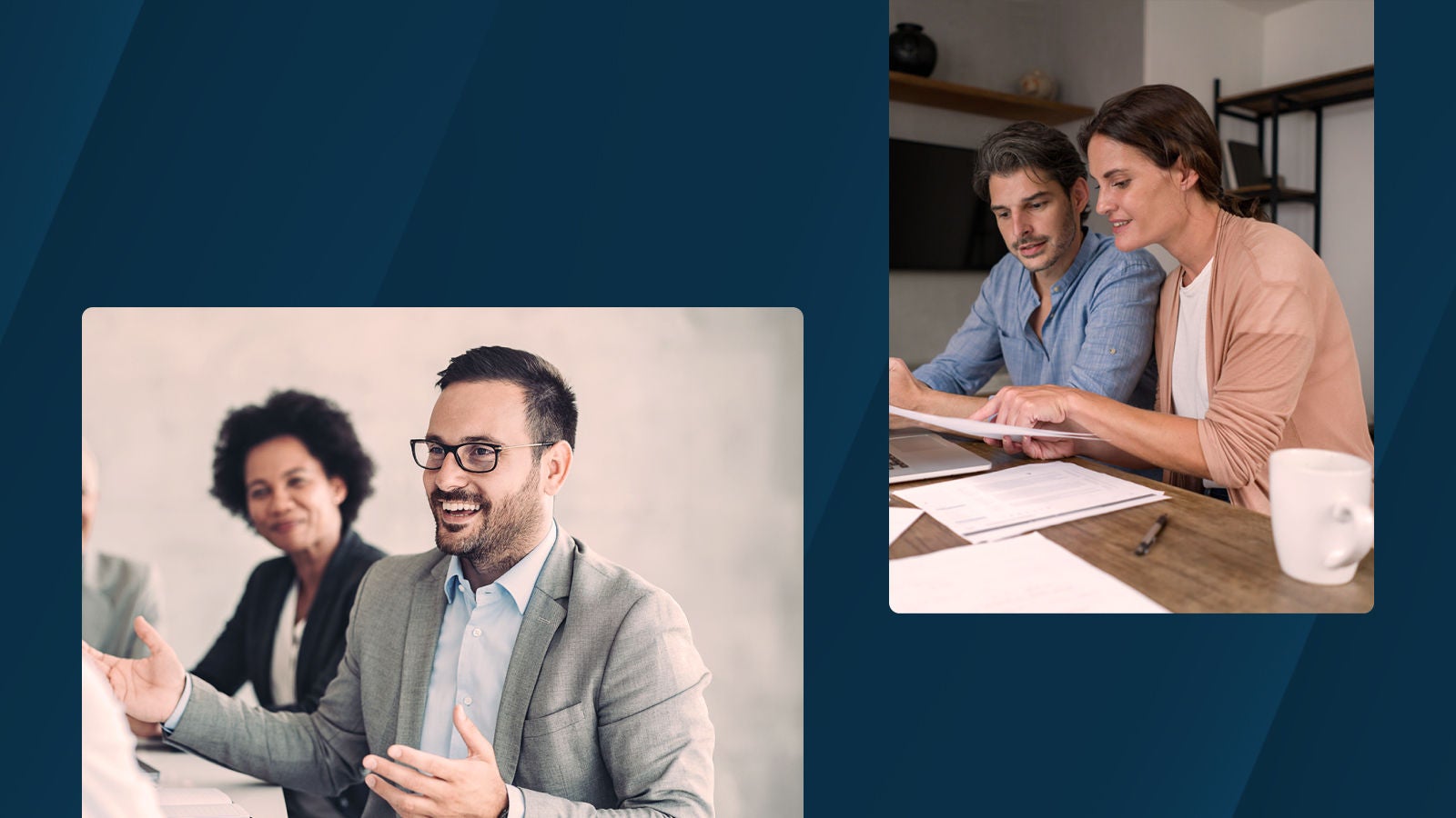 A collage showing professionals collaborating in an office, including a group discussion during a meeting and a pair reviewing documents together at a desk.