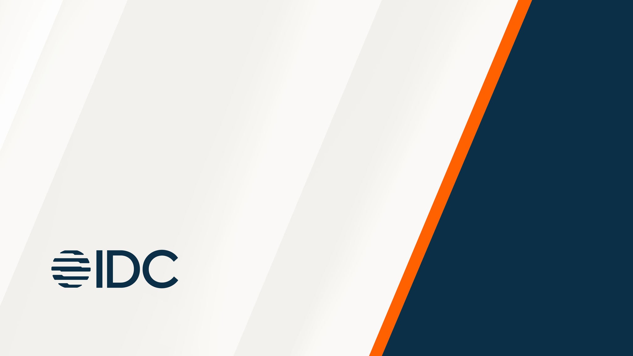 IDC logo on a white background with diagonal grey streaks and a bold navy-blue panel accented by an orange stripe on the right.
