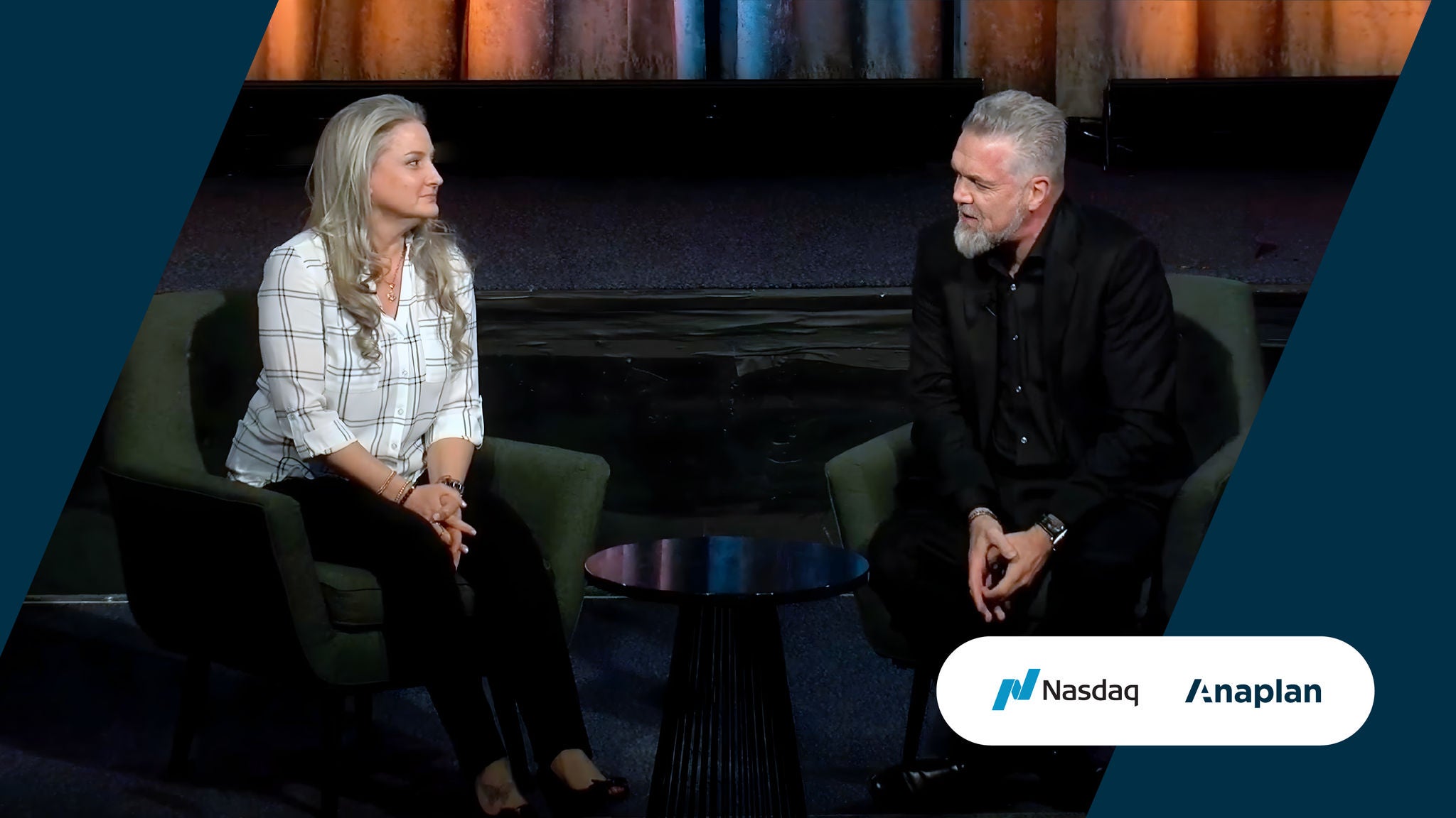 Two panelists seated and engaged in conversation during a session, with Nasdaq and Anaplan logos displayed in the corner.