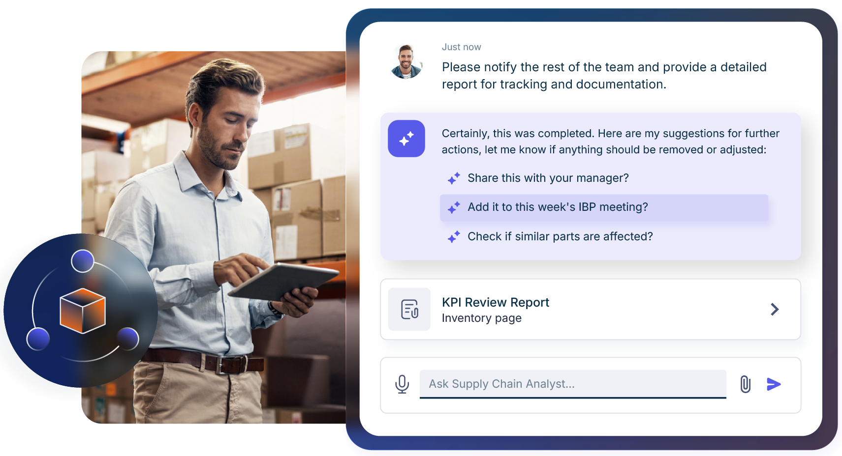 Man in a warehouse using a tablet, with a digital assistant suggesting supply chain reporting tasks.