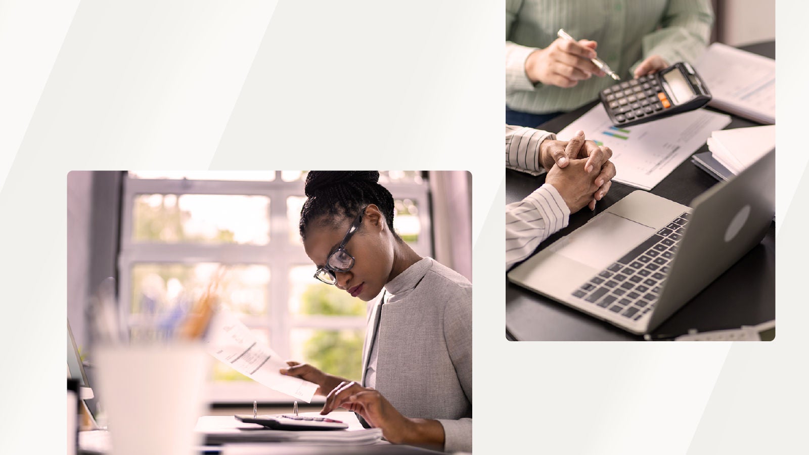 A business environment with a woman in a gray blazer carefully reviewing financial documents at a desk. In a separate section, two individuals are engaged in financial analysis, with one using a calculator and the other observing with hands clasped.