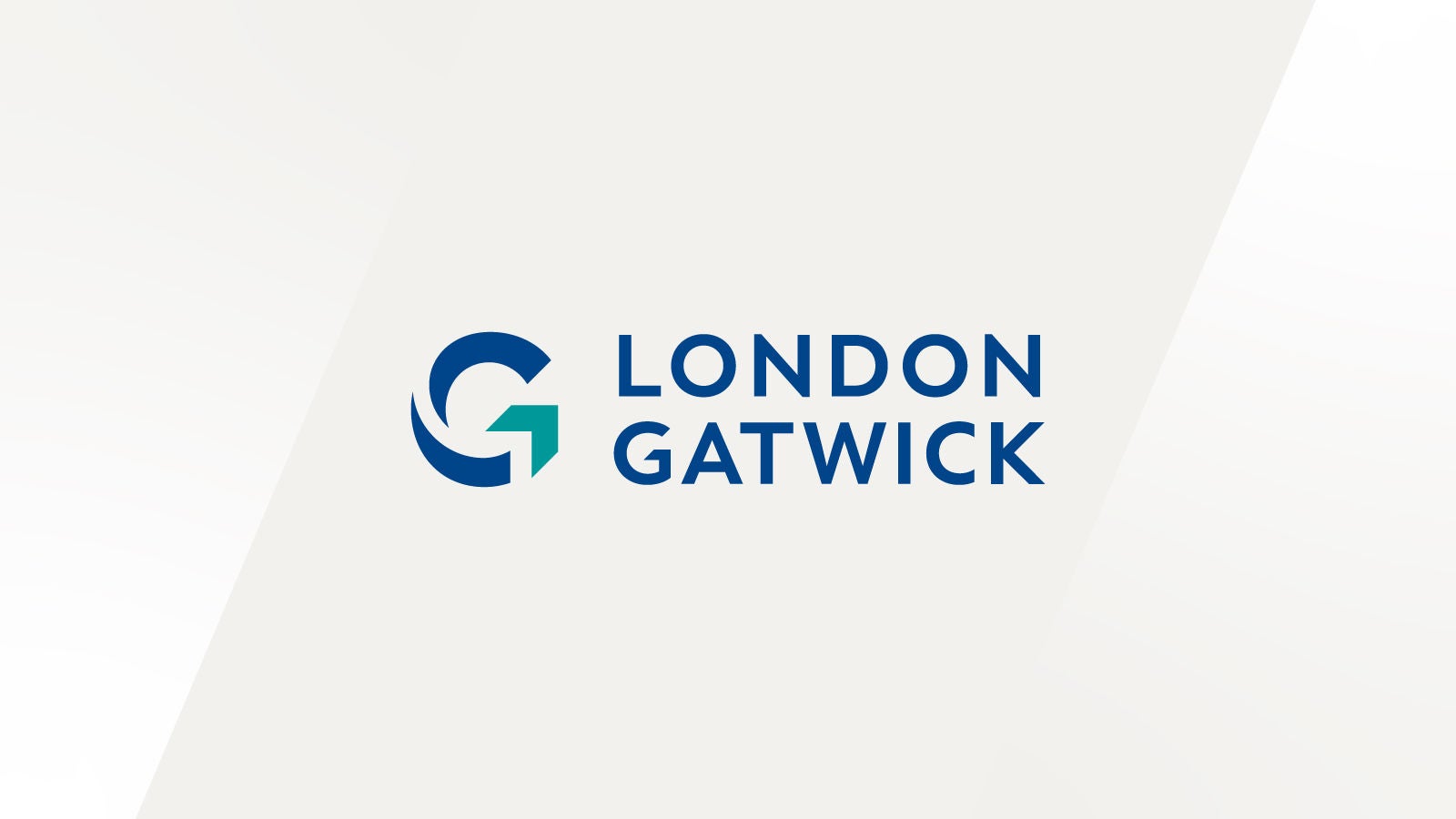 London Gatwick logo displayed center. London Gatwick logo featuring a stylized “G” with an arrow, in blue and teal, next to the brand name in bold blue text.