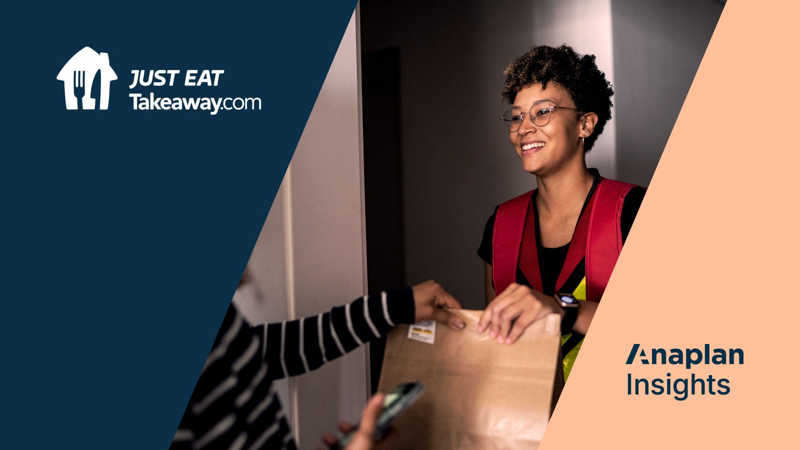 Just Eat Takeaway.com and Anaplan Insights Logos displayed on a diagonal blue and peach background. Corporate brand graphic with no additional imagery.