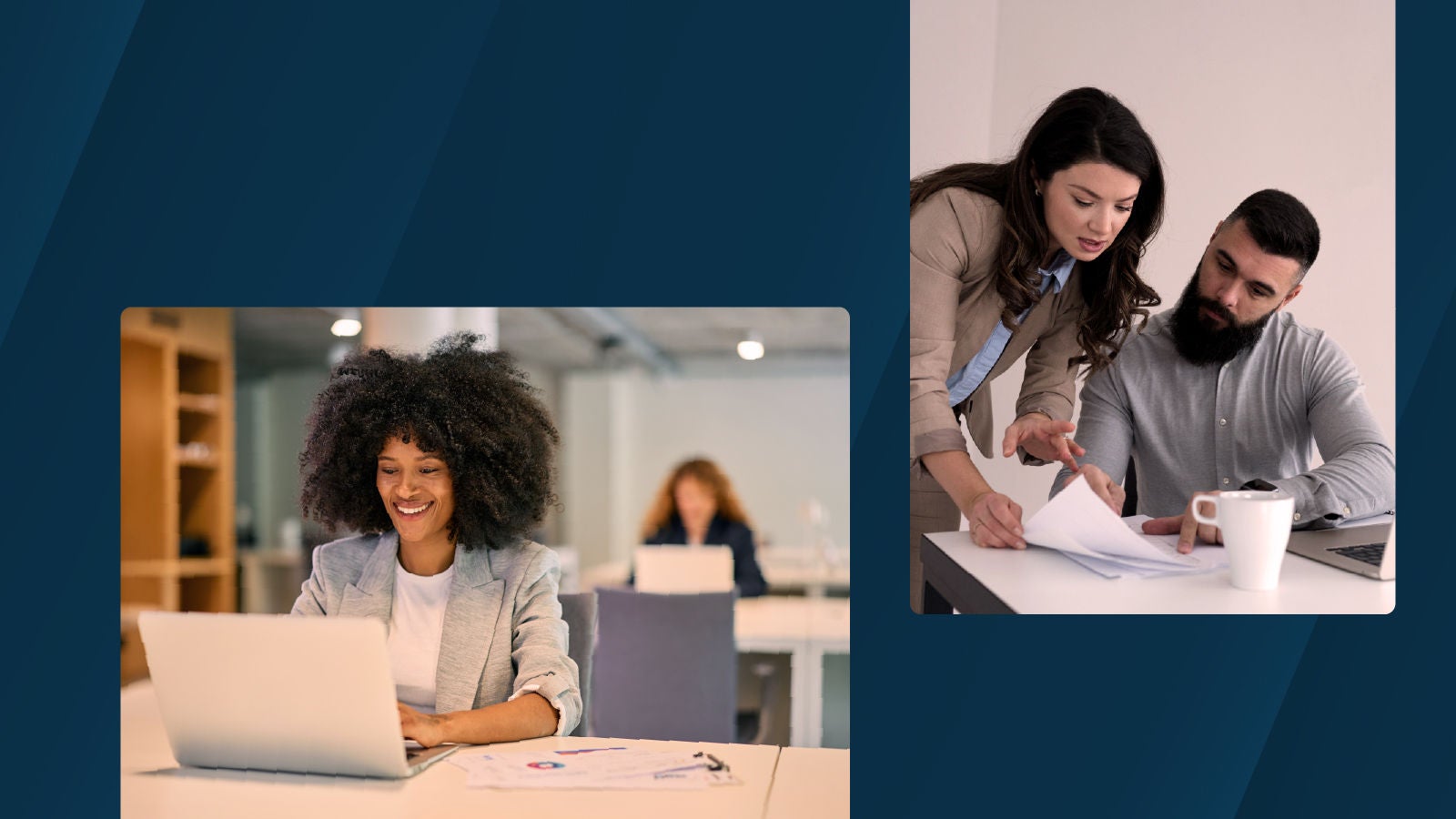 Two professionals working in modern office settings—one pair reviewing documents together, another person smiling while using a laptop at a desk.
