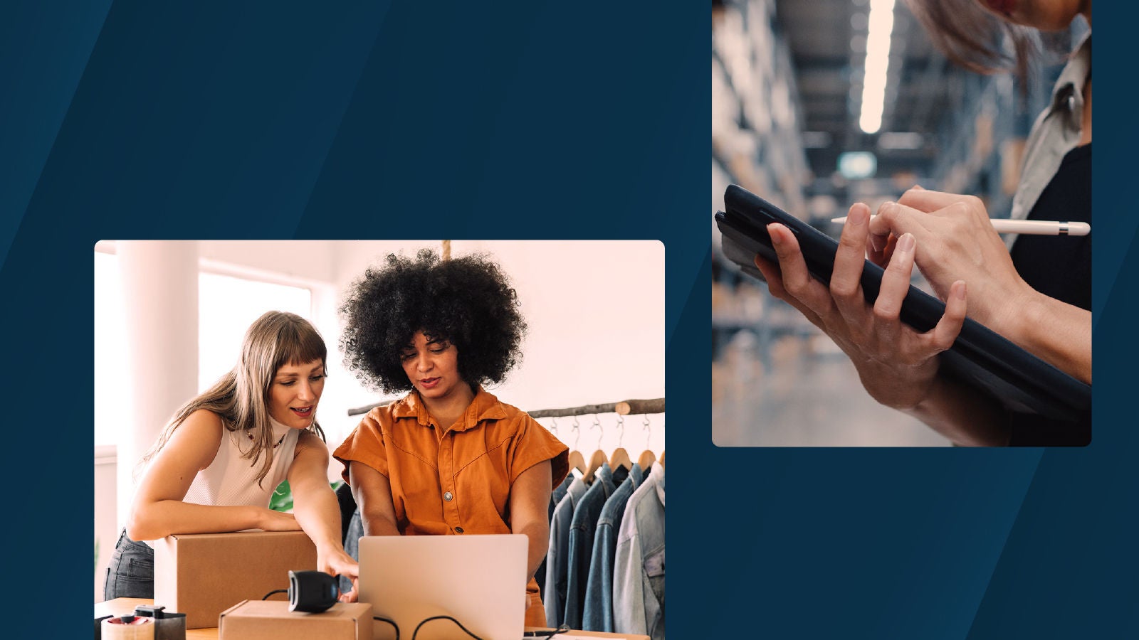 Anaplan blog on the cost of obsolete retail planning processes. A composite image of a retail store and a warehouse, showing two women collaborating on a laptop and a worker managing inventory on a tablet.