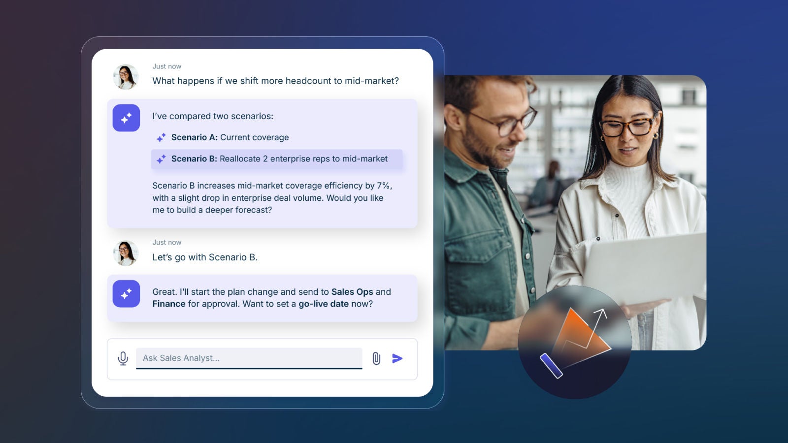 Two colleagues review a laptop together. The AI assistant compares Scenario A and Scenario B for reallocating sales reps, with suggested forecasts and a plan change workflow.