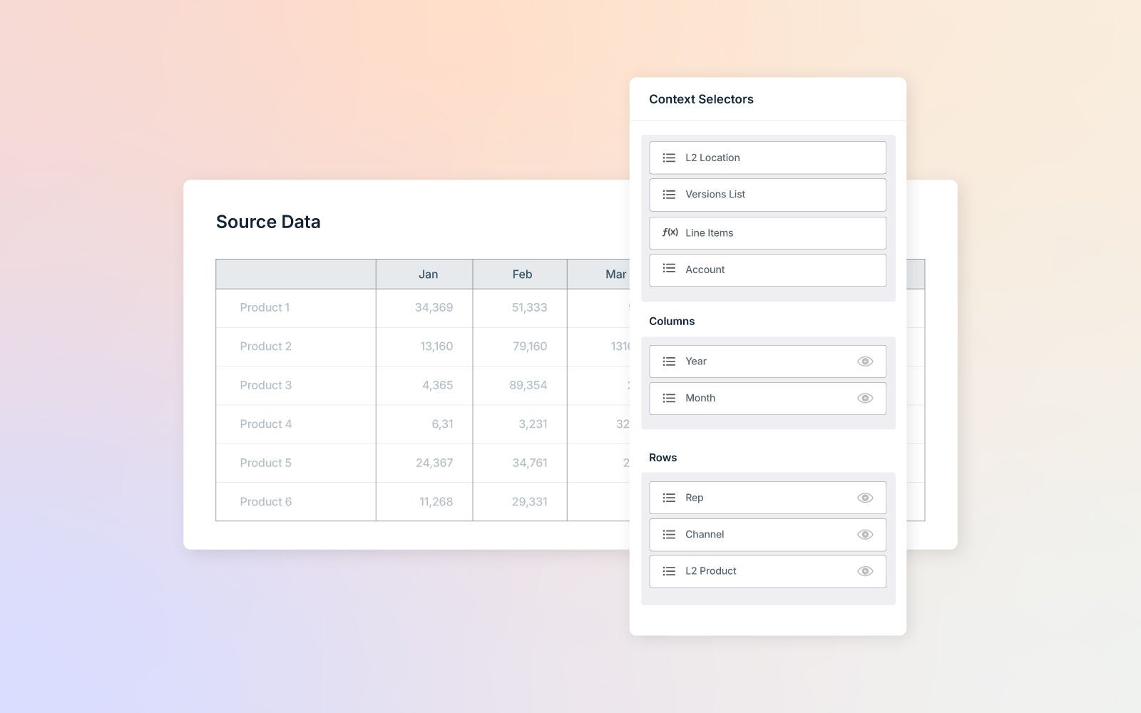 Image of a grid layout for source data and customizable view settings over a soft pastel gradient background.