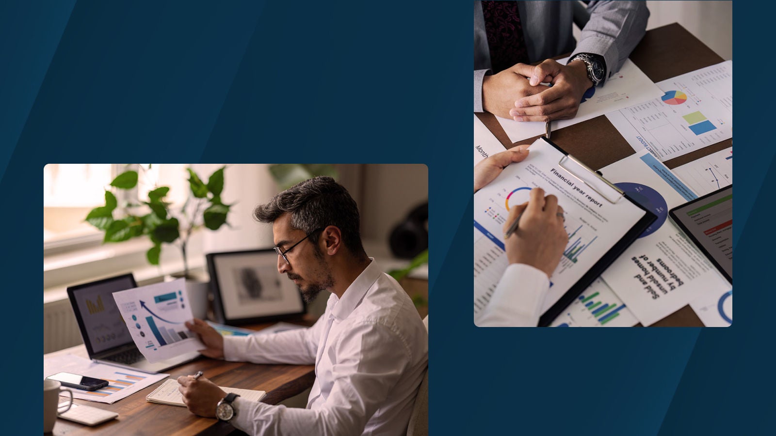 A finance professional reviewing printed charts at a desk beside an image of hands analyzing financial reports and charts on a table.