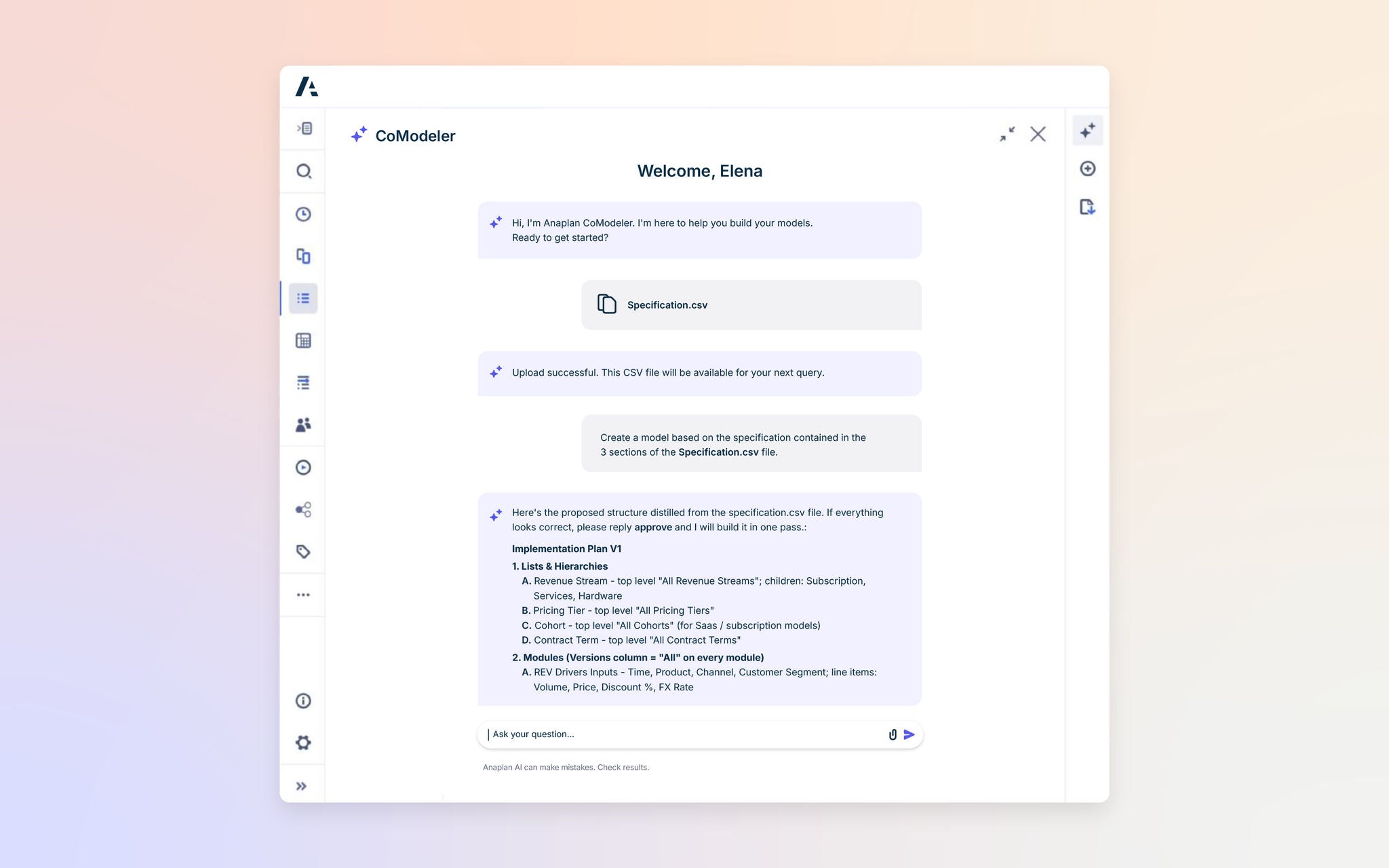 Anaplan CoModeler interface welcoming a user and displaying a generated implementation plan with lists, hierarchies, and modules based on a specification file.