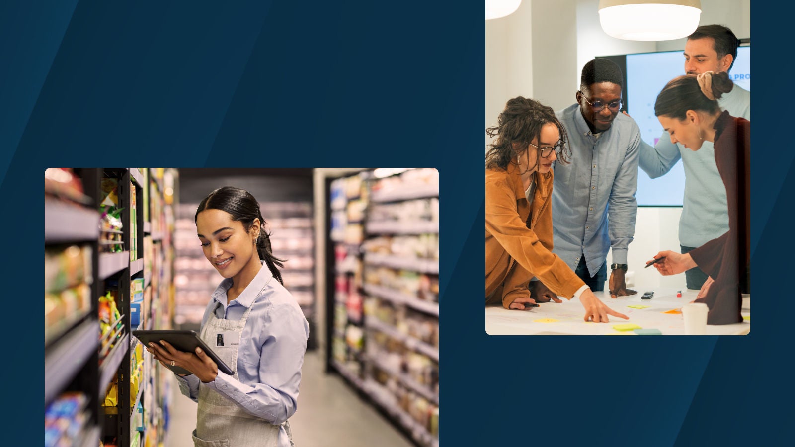 A retail employee using a tablet in a grocery aisle alongside a team collaborating around a table with papers and sticky notes.