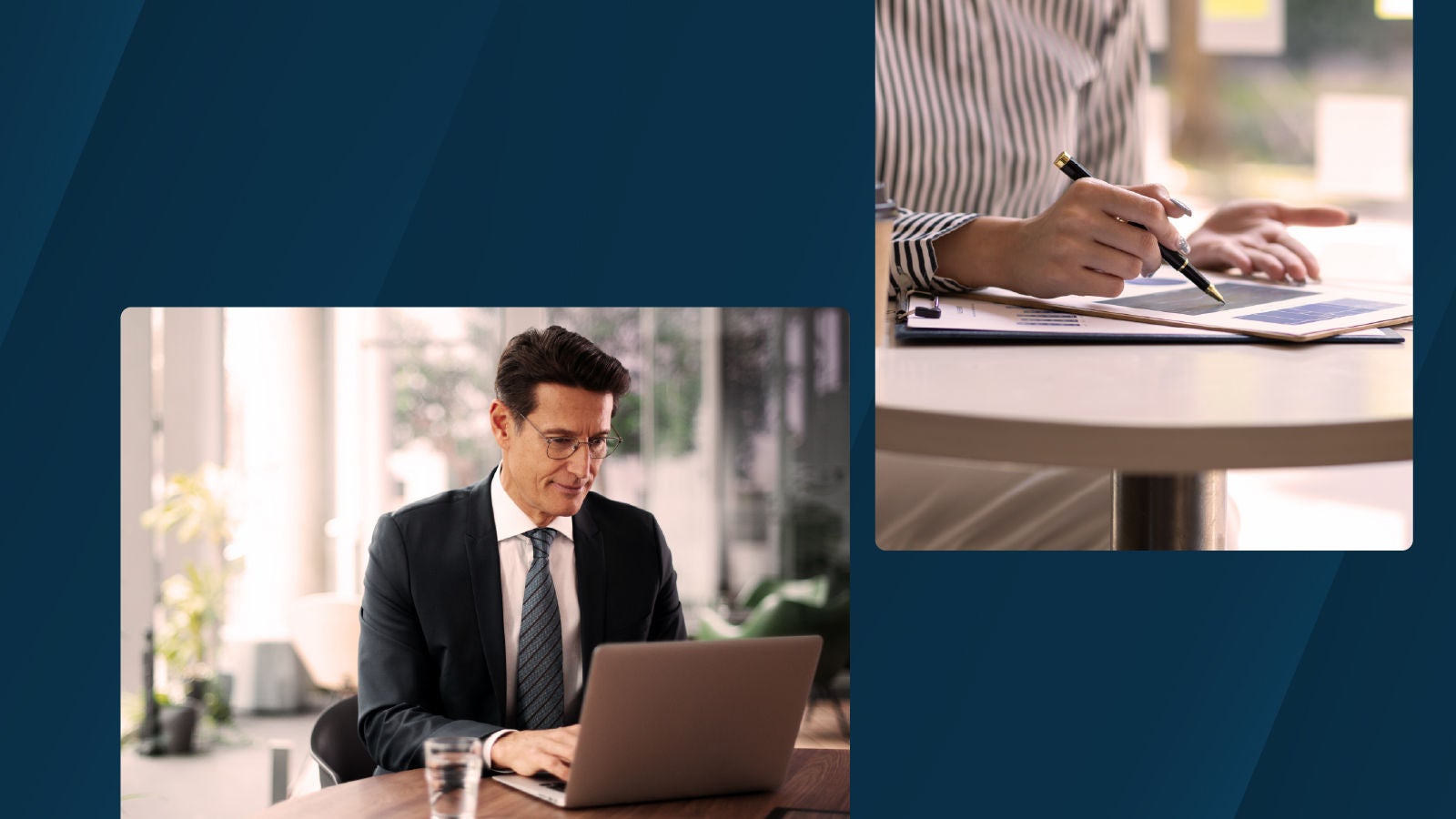 image of a business professional working on a laptop and a close-up of hands reviewing charts on a tablet.