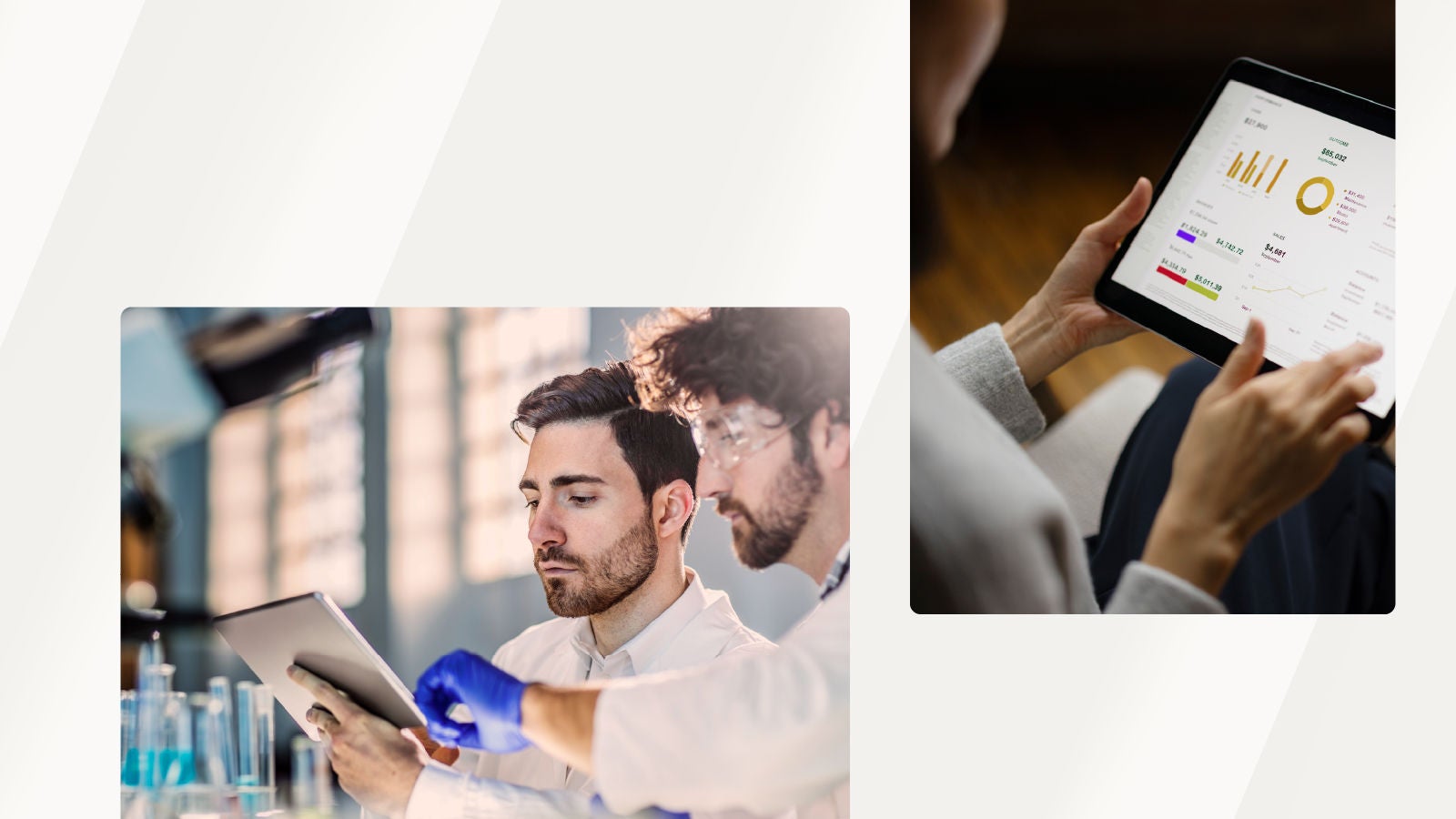 Two professionals in a laboratory setting collaborating on a digital tablet, alongside a person analyzing a dashboard on a tablet.
