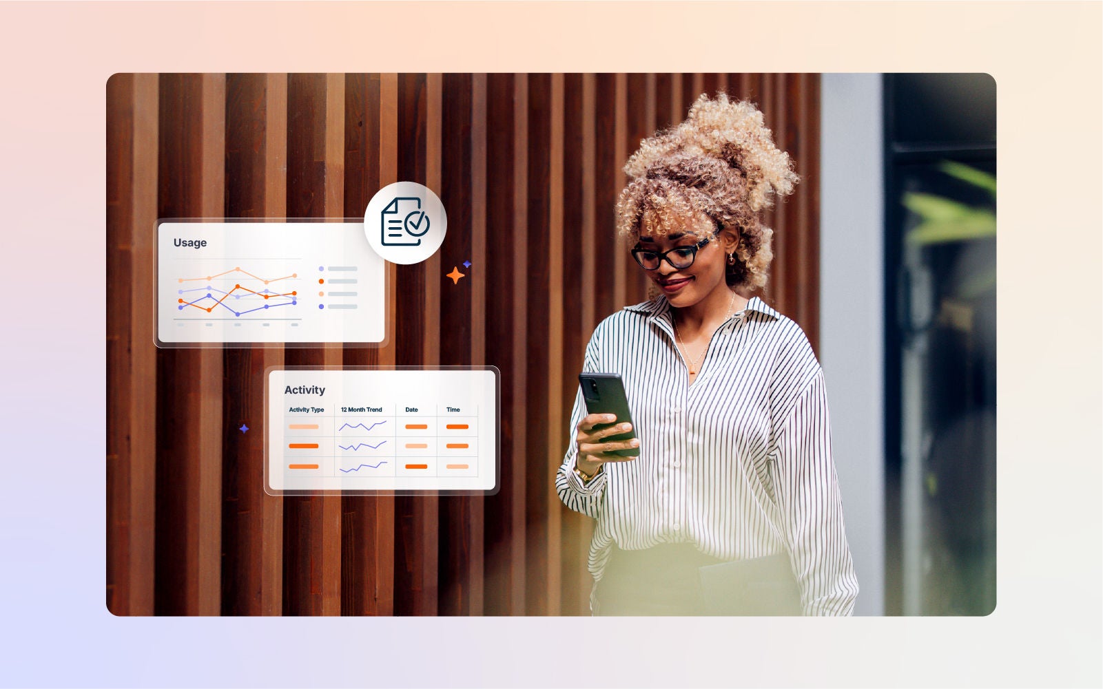 Businesswoman checking her smartphone beside overlaid usage and activity monitoring dashboards.
