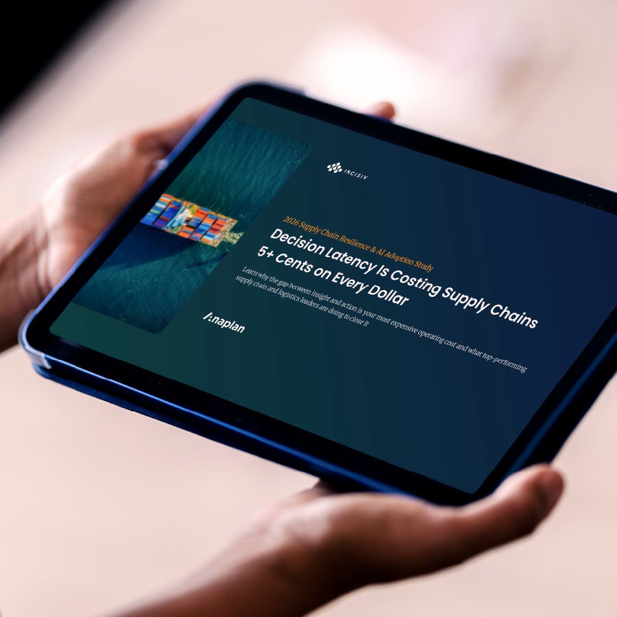 A person holding a tablet displaying a report titled Decision Latency Is Costing Supply Chains 5+ Cents on Every Dollar.