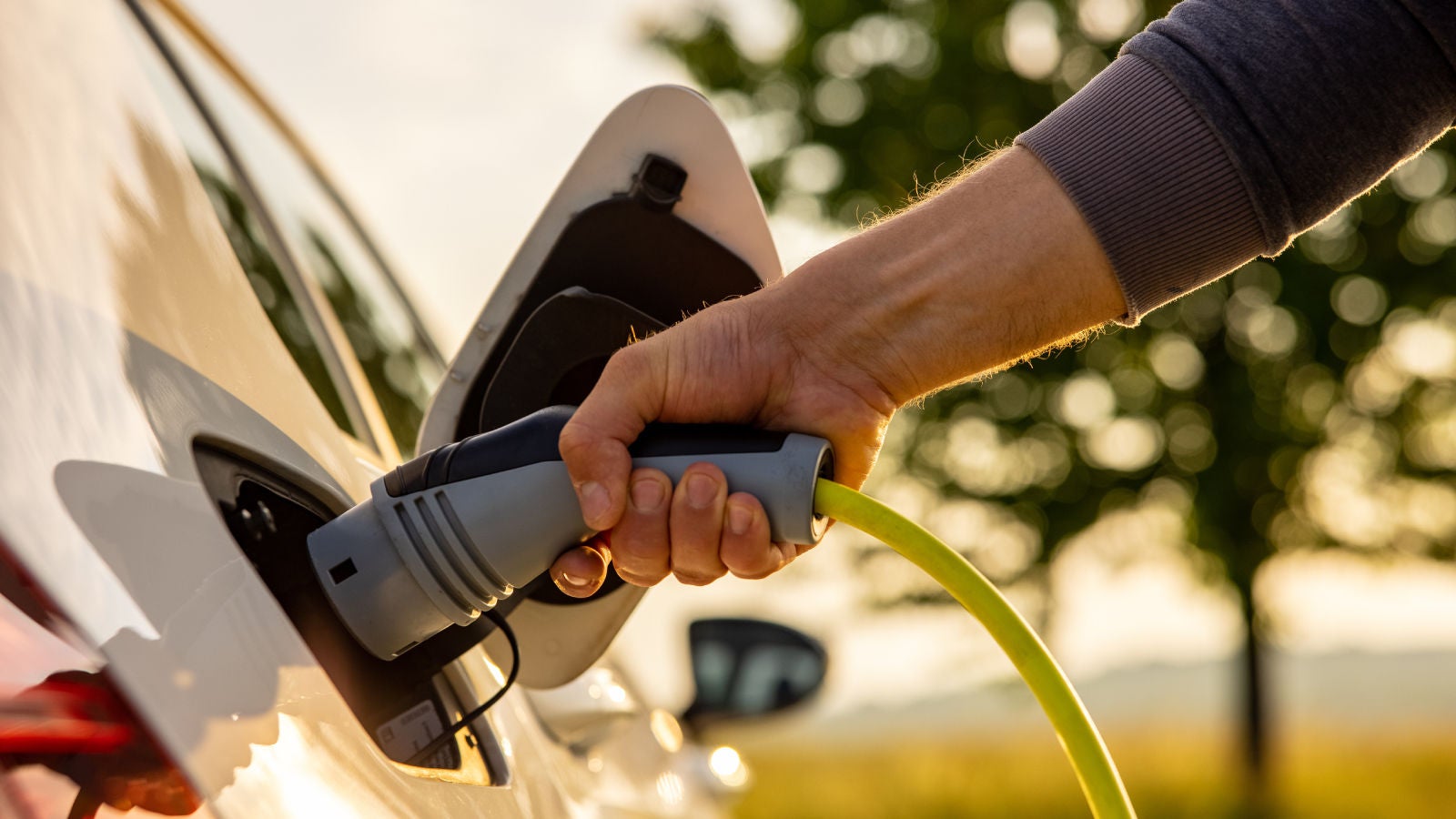 A close-up of a person’s hand plugging a yellow charging cable into an electric vehicle, with a blurred green tree in the background.