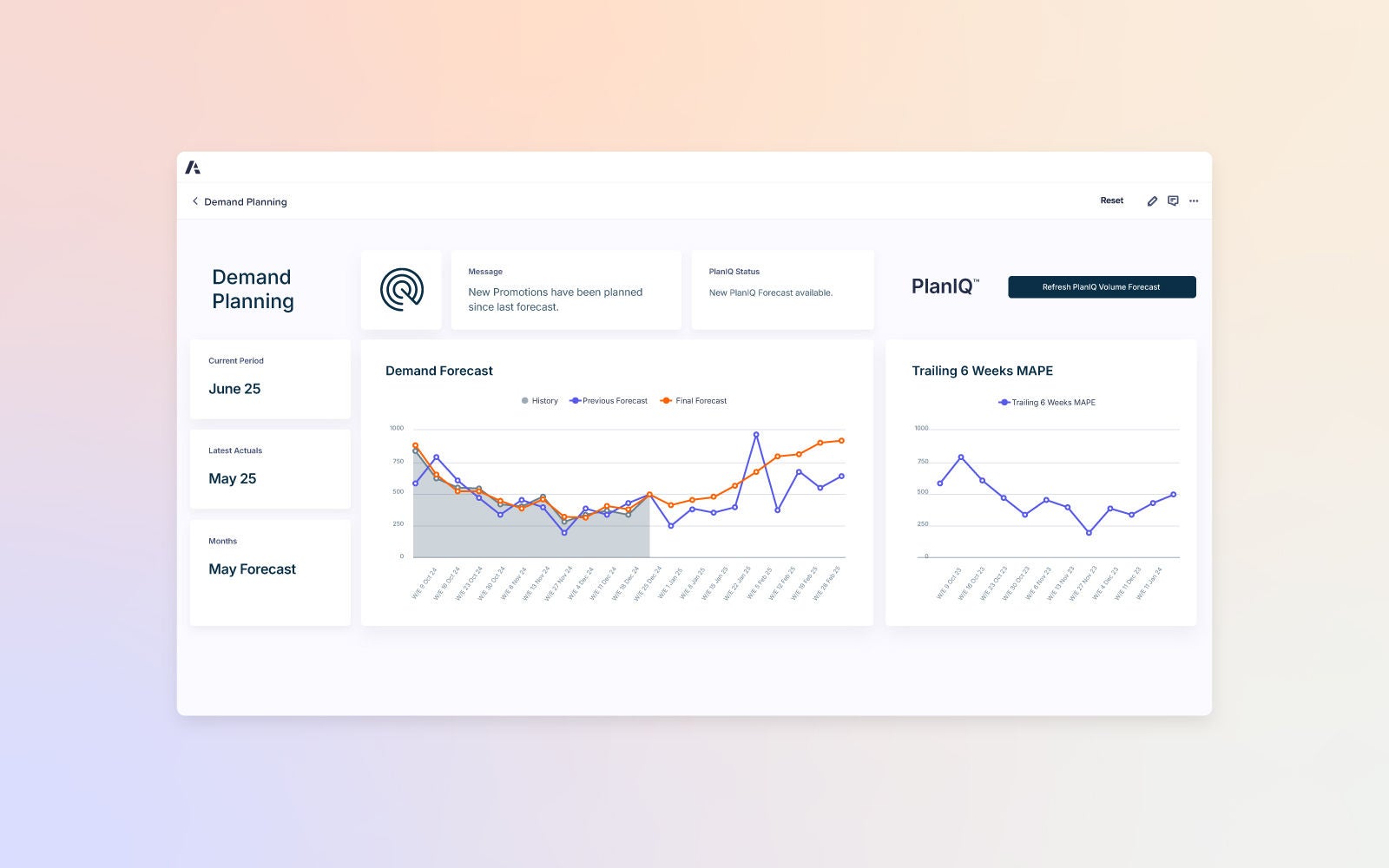 Image of a demand planning dashboard showing demand forecast and trailing 6 weeks MAPE chart, set against a soft pastel gradient background.