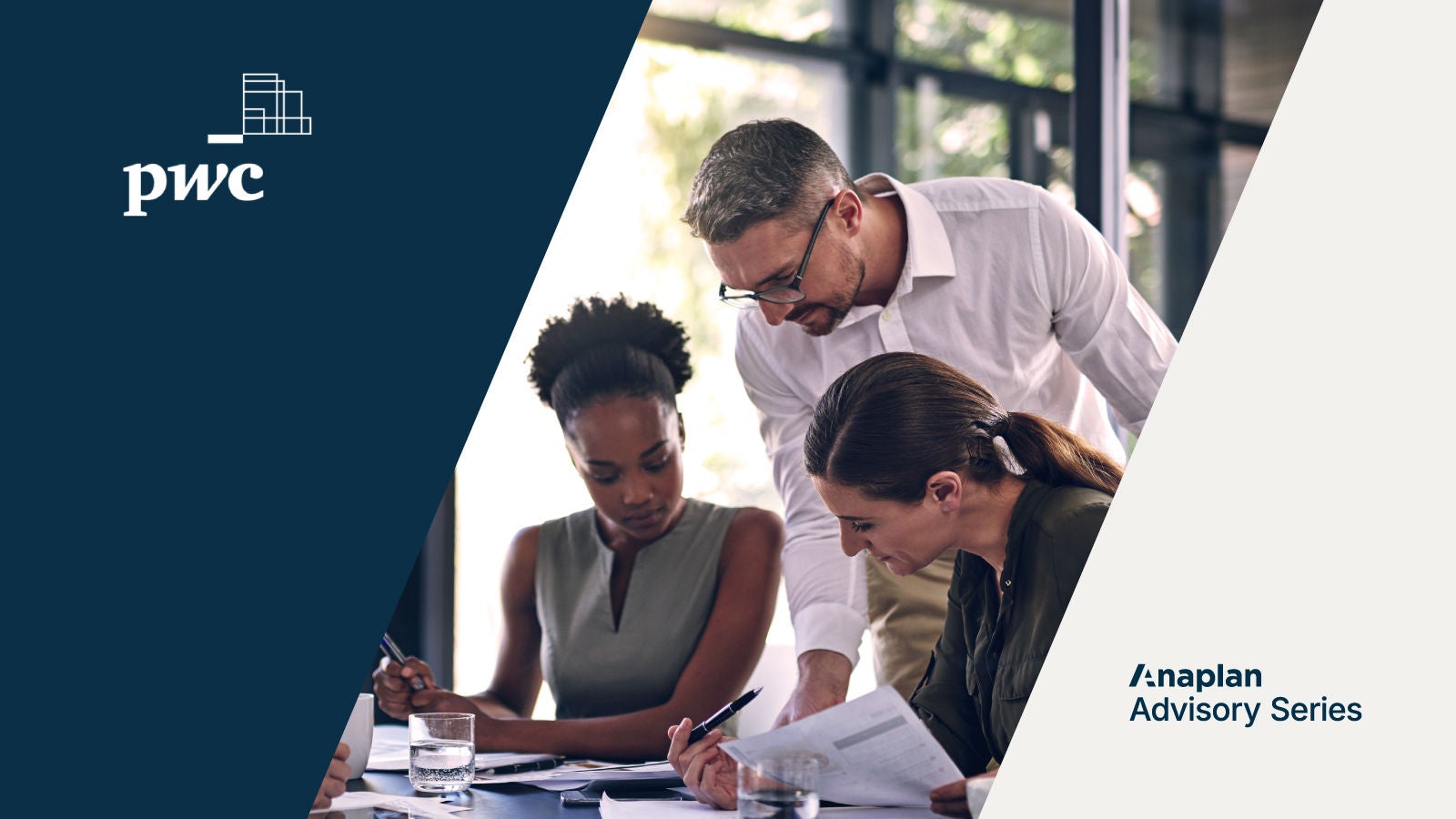 PwC and Anaplan Advisory Series. The image shows a team in discussion around a table, reviewing documents and data in a collaborative work environment.