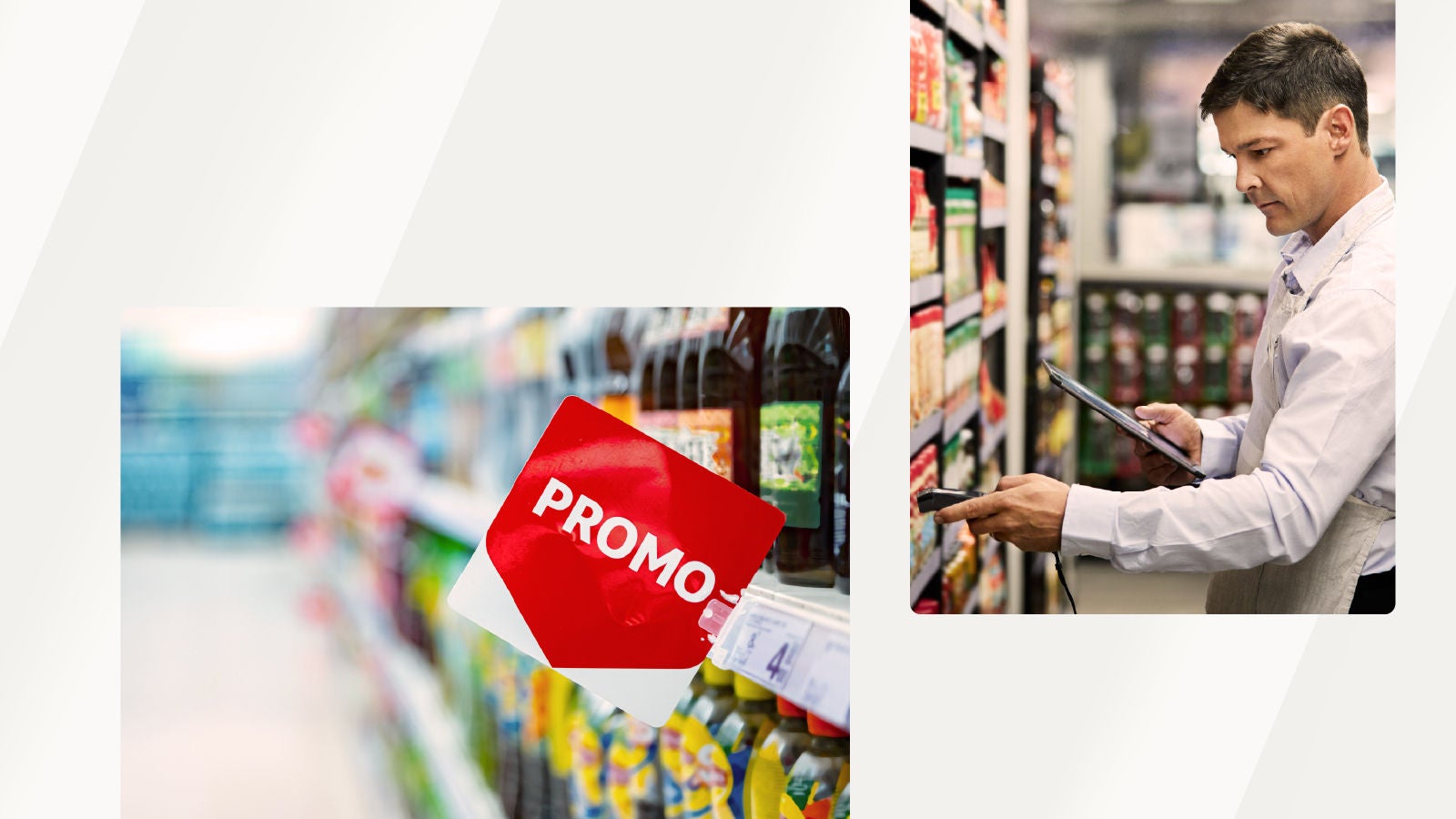 A split image showing two retail scenes: on the right, a store employee scans products on a supermarket shelf while holding a tablet; on the left, a blurred grocery aisle features a prominent red “PROMO” sign attached to a shelf stocked with bottled goods.