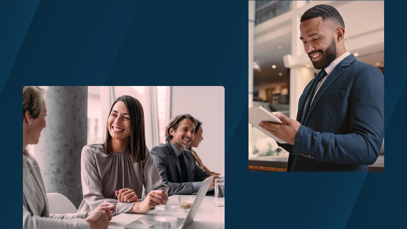 A collage-style layout showing two business scenes. On the left, a woman smiles while talking with colleagues around a meeting table. On the right, a man in a suit stands in an office atrium, looking down at a tablet with a smile.
