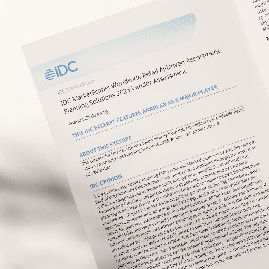 IDC MarketScape excerpt on retail assortment planning. Document highlights Anaplan as a major player in the 2025 vendor assessment for worldwide AI-driven assortment planning solutions.