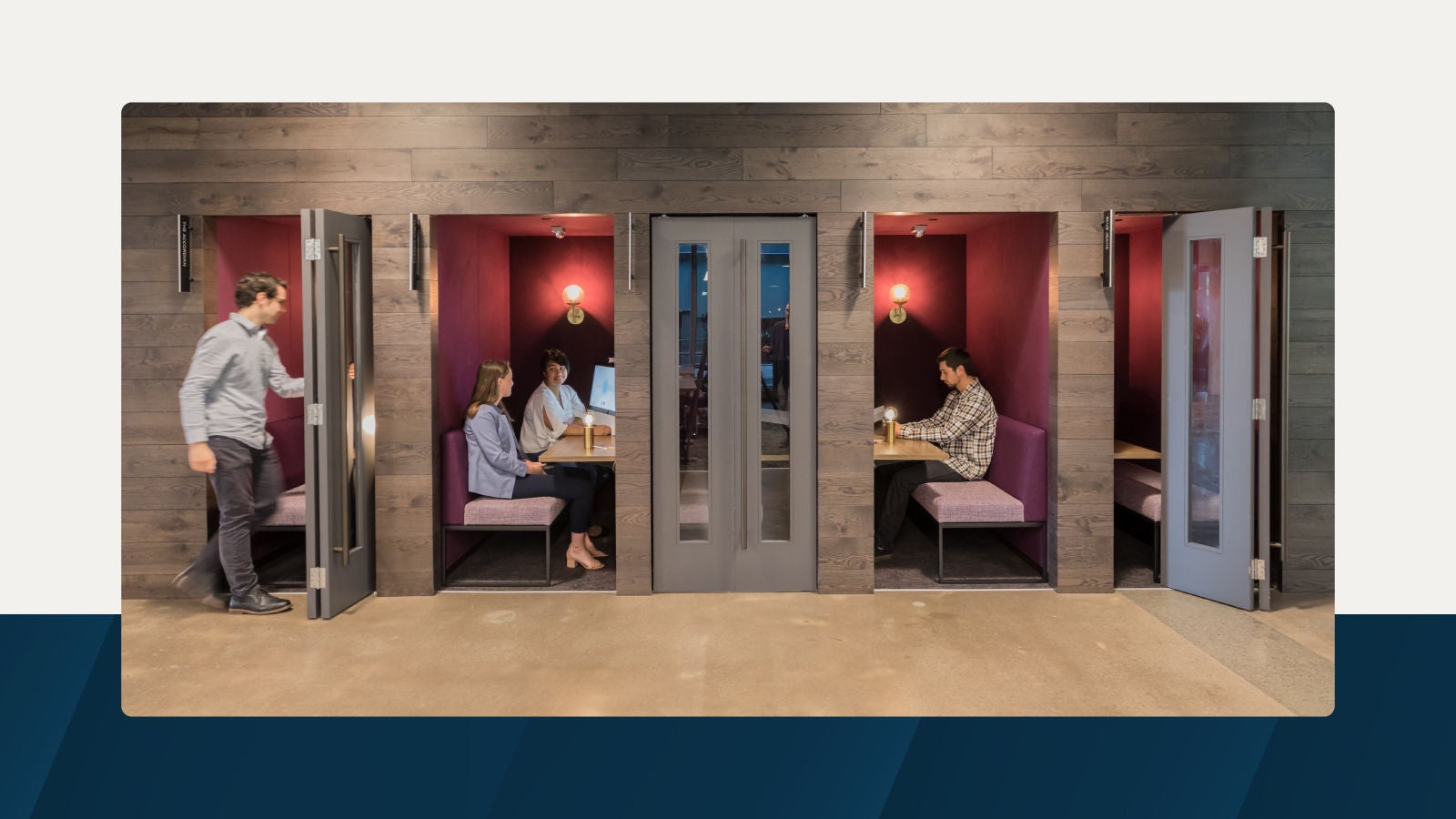 Individuals engaged in conversation at tables within a room, with a door present in the scene.