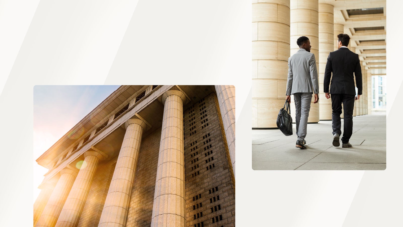 Two professionals walking beside a modern stone building with large columns and a second image showing a sunlit facade of a government building.