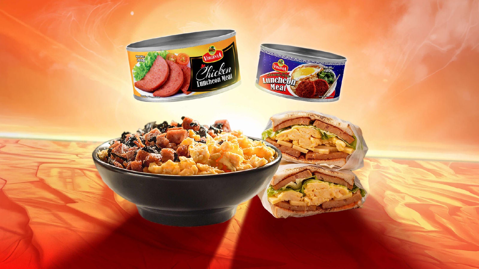 Virginia luncheon meat cans displayed above a bowl of rice meal with toppings and stacked sandwiches on a warm orange background.