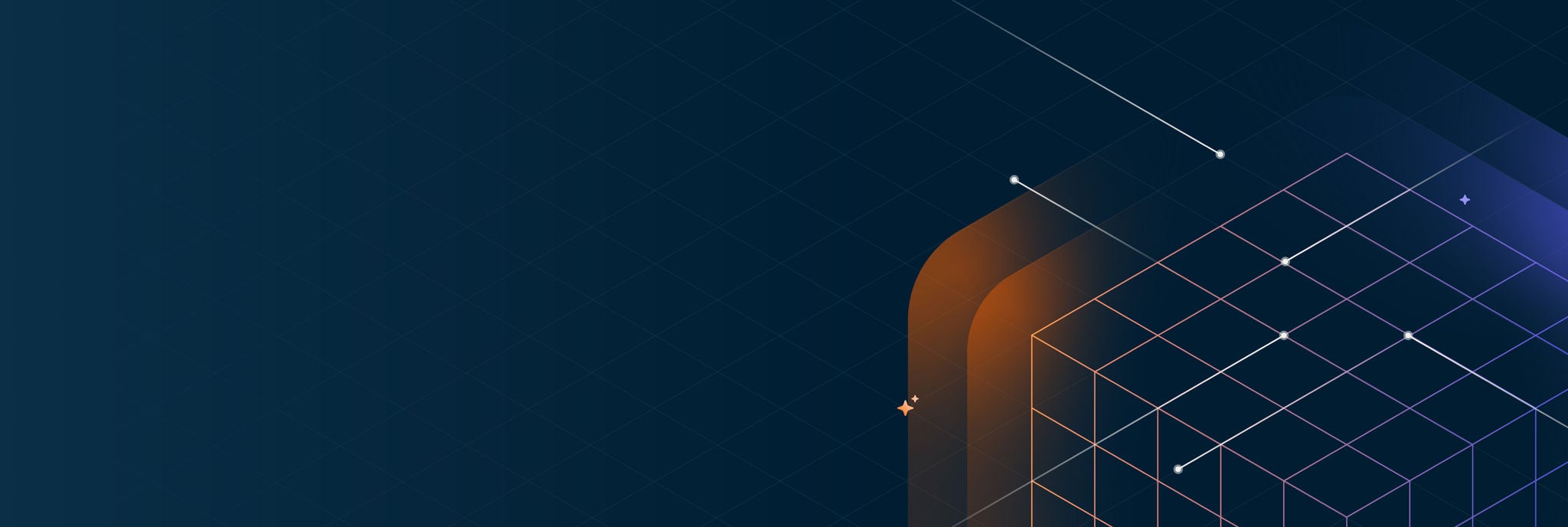 Illustration of a geometric wireframe cube structure with connected data lines on a dark blue grid background accented by orange and purple highlights.