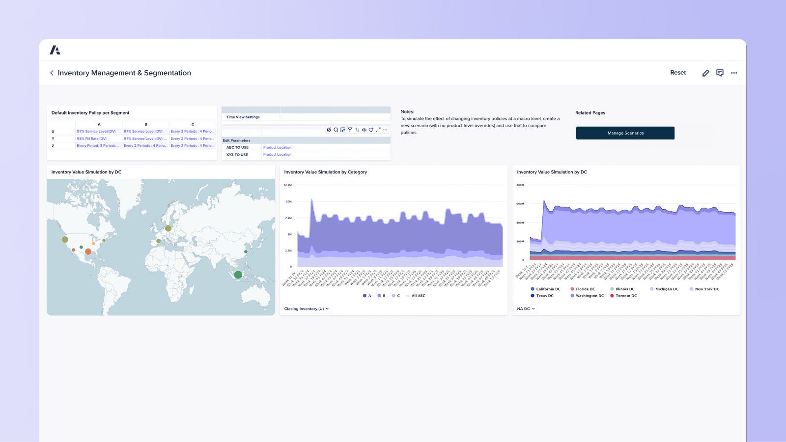 Inventory Management & Segmentation dashboard Displays inventory policy settings and simulation graphs by category and distribution center, alongside a global map showing inventory value by location.