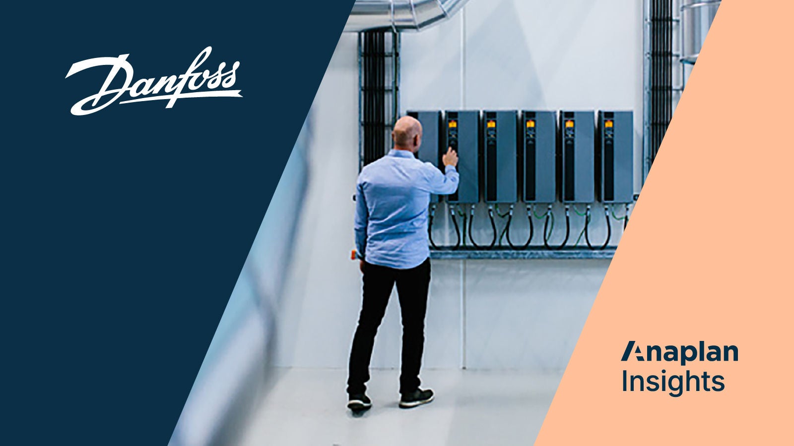 Danfoss logo on a dark blue background with a man in an industrial setting adjusting electrical equipment on a wall panel.