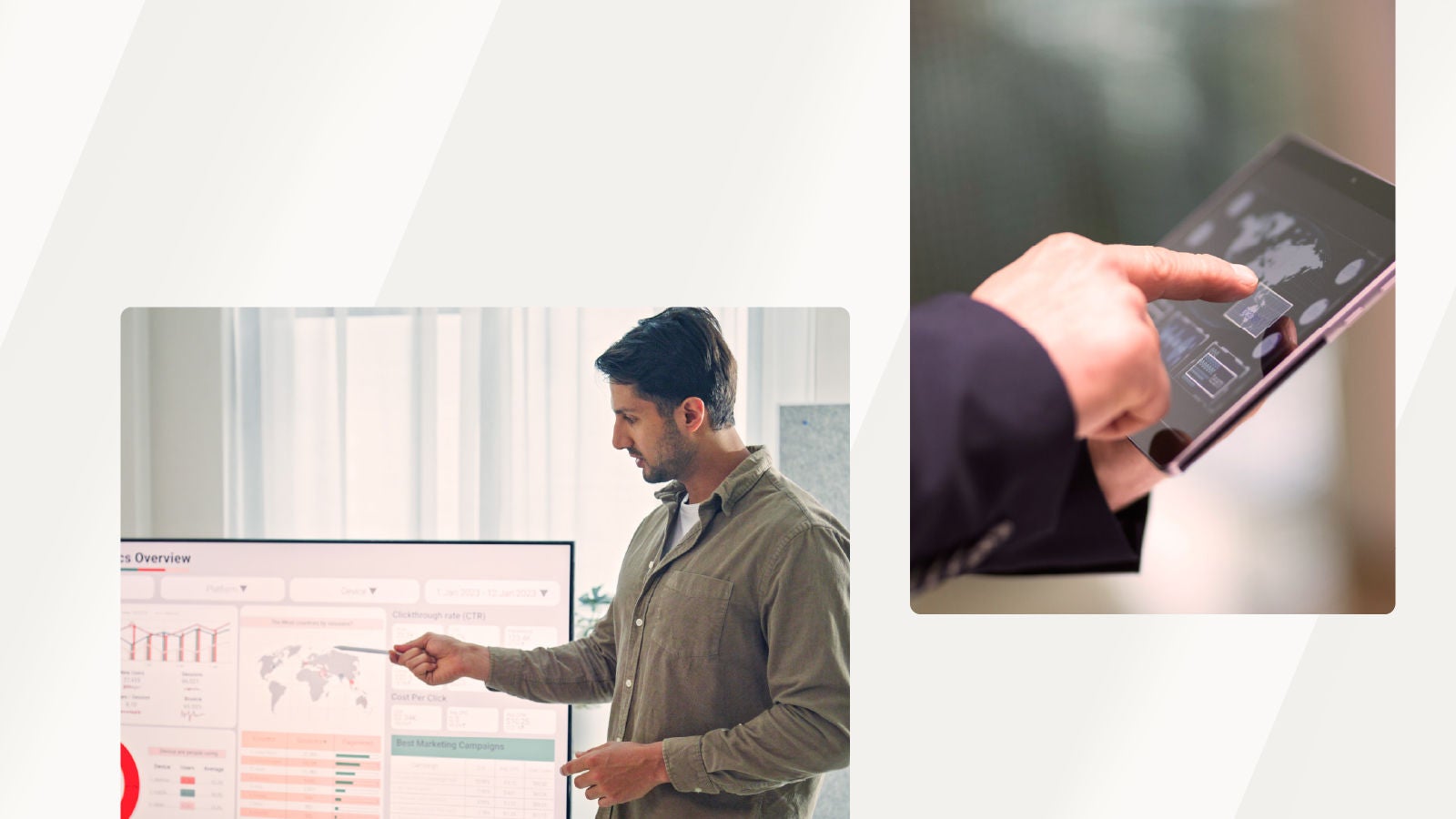 A close-up of a hand using a tablet with a digital map, alongside a man presenting charts and graphs on a large display screen.