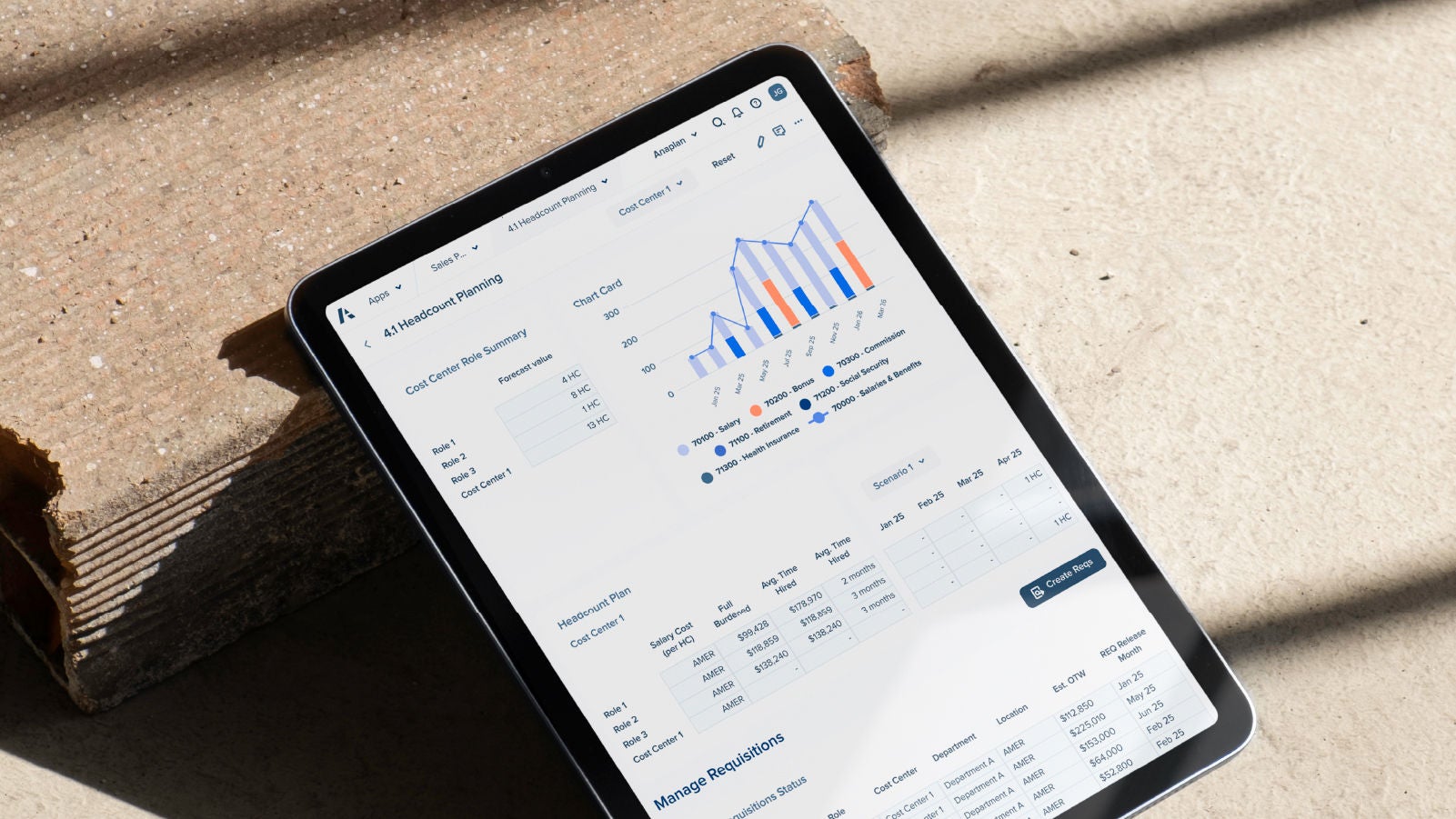 An iPad displaying a dashboard rests on a stylish leather chair, showcasing a blend of technology and elegance.