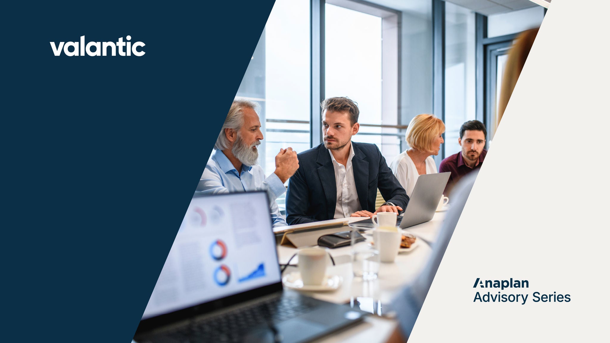 Valantic logo on the top left and Anaplan Advisory Series on the lower right, with a group of professionals in a modern office engaged in discussion around a table with laptops and charts.
